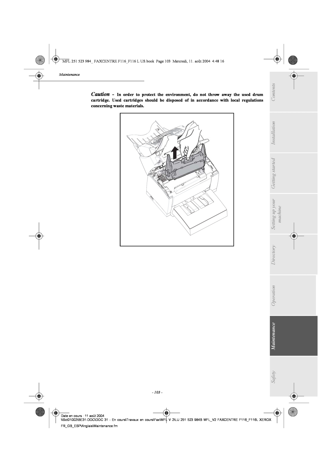 Xerox F116 user manual Safety Maintenance, Date en cours 11 août, FR_GB_ESP\Anglais\Maintenance.fm 