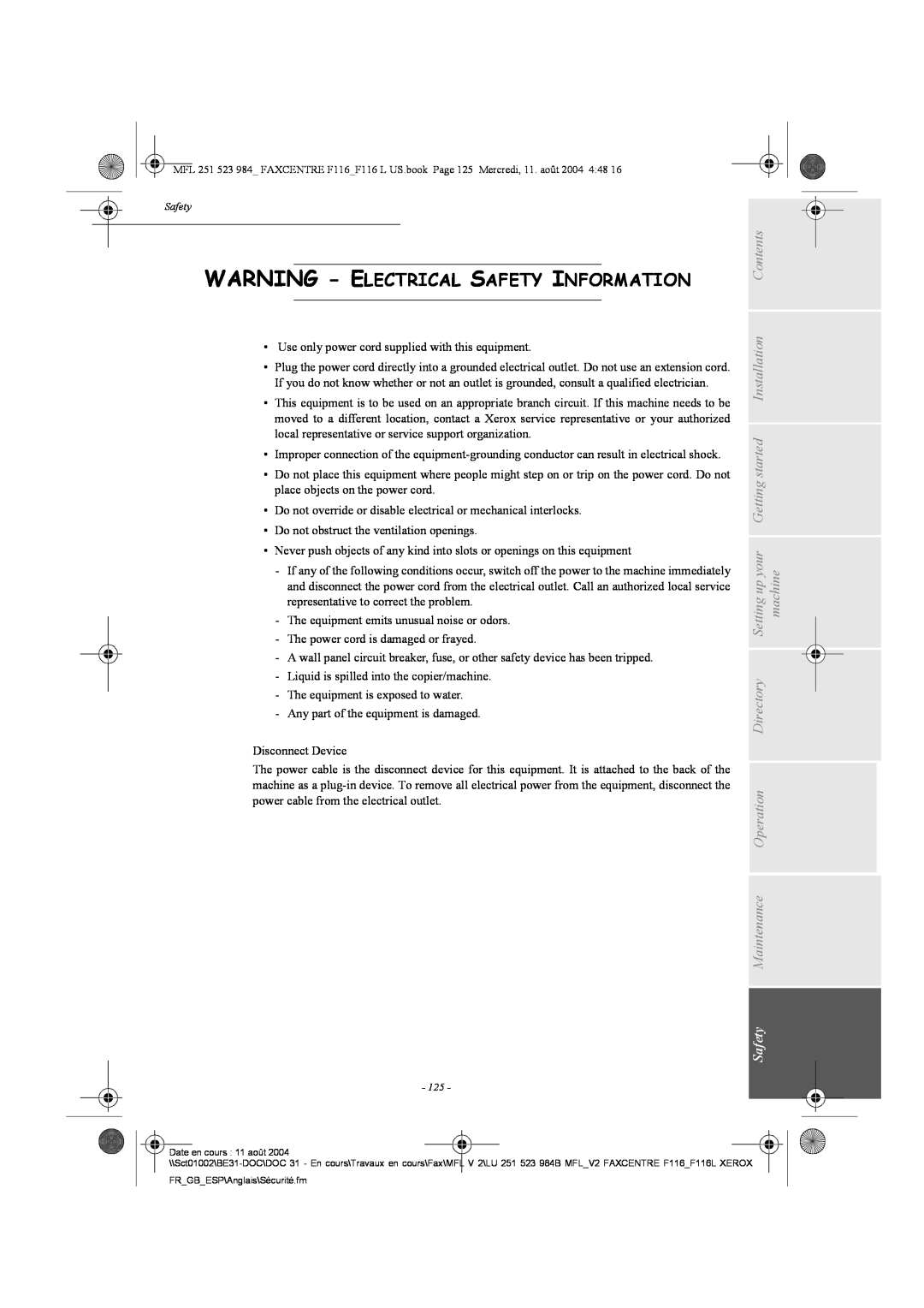Xerox F116 user manual Warning - Electrical Safety Information 