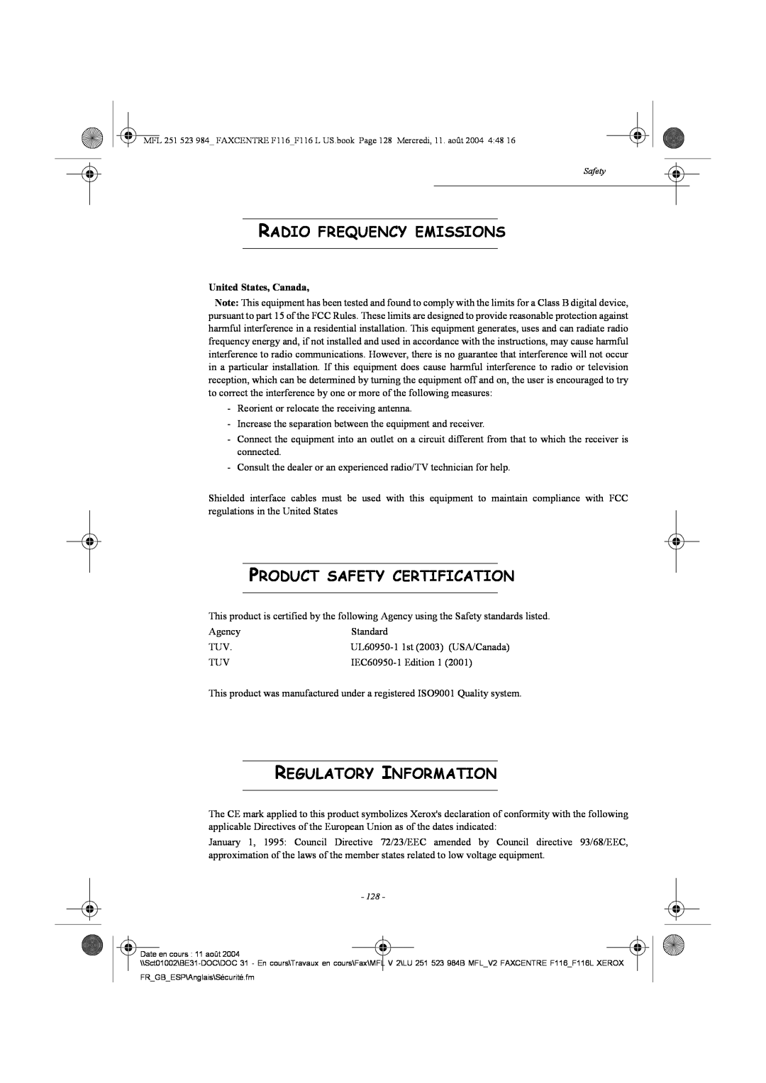 Xerox F116 Radio Frequency Emissions, Product Safety Certification, Regulatory Information, United States, Canada 