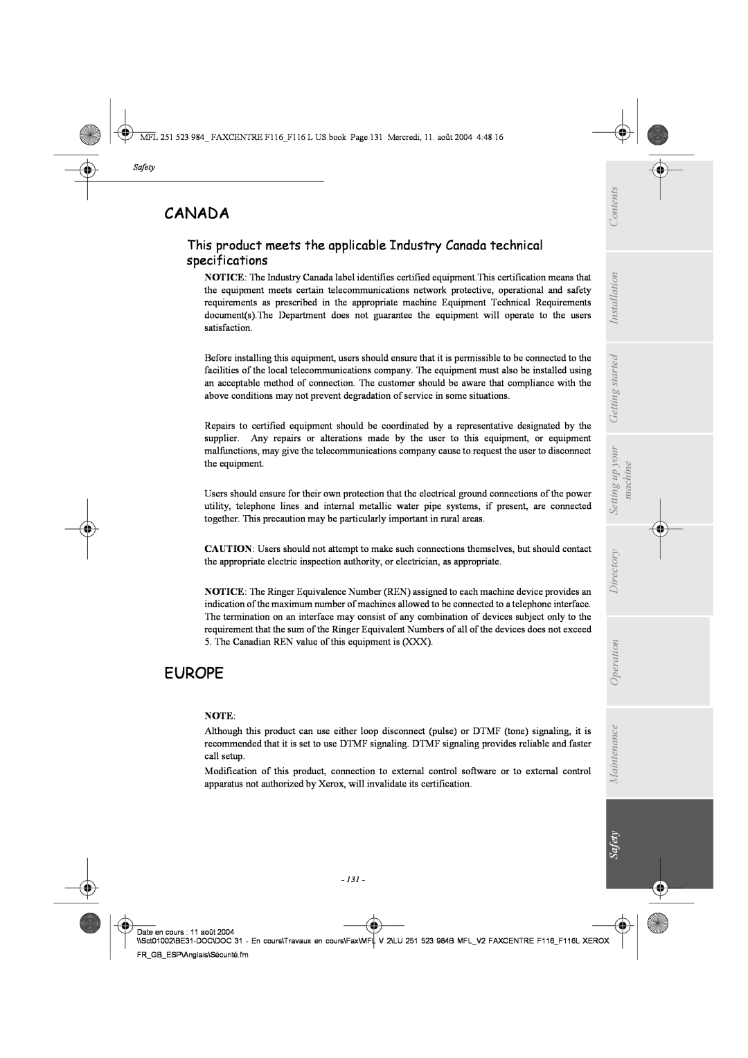 Xerox F116 user manual Canada, Europe, Maintenance, Safety 
