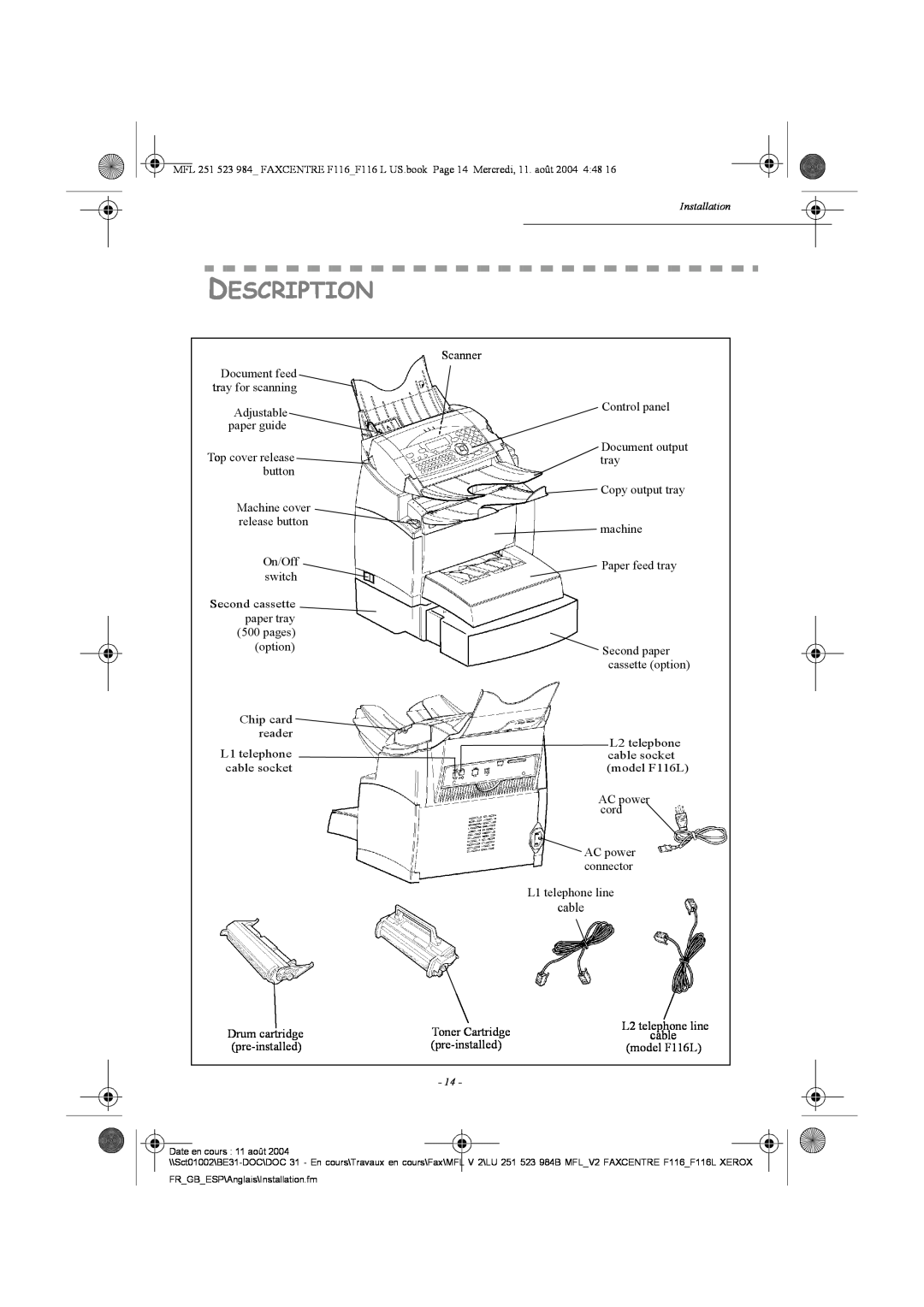 Xerox F116 user manual Description 