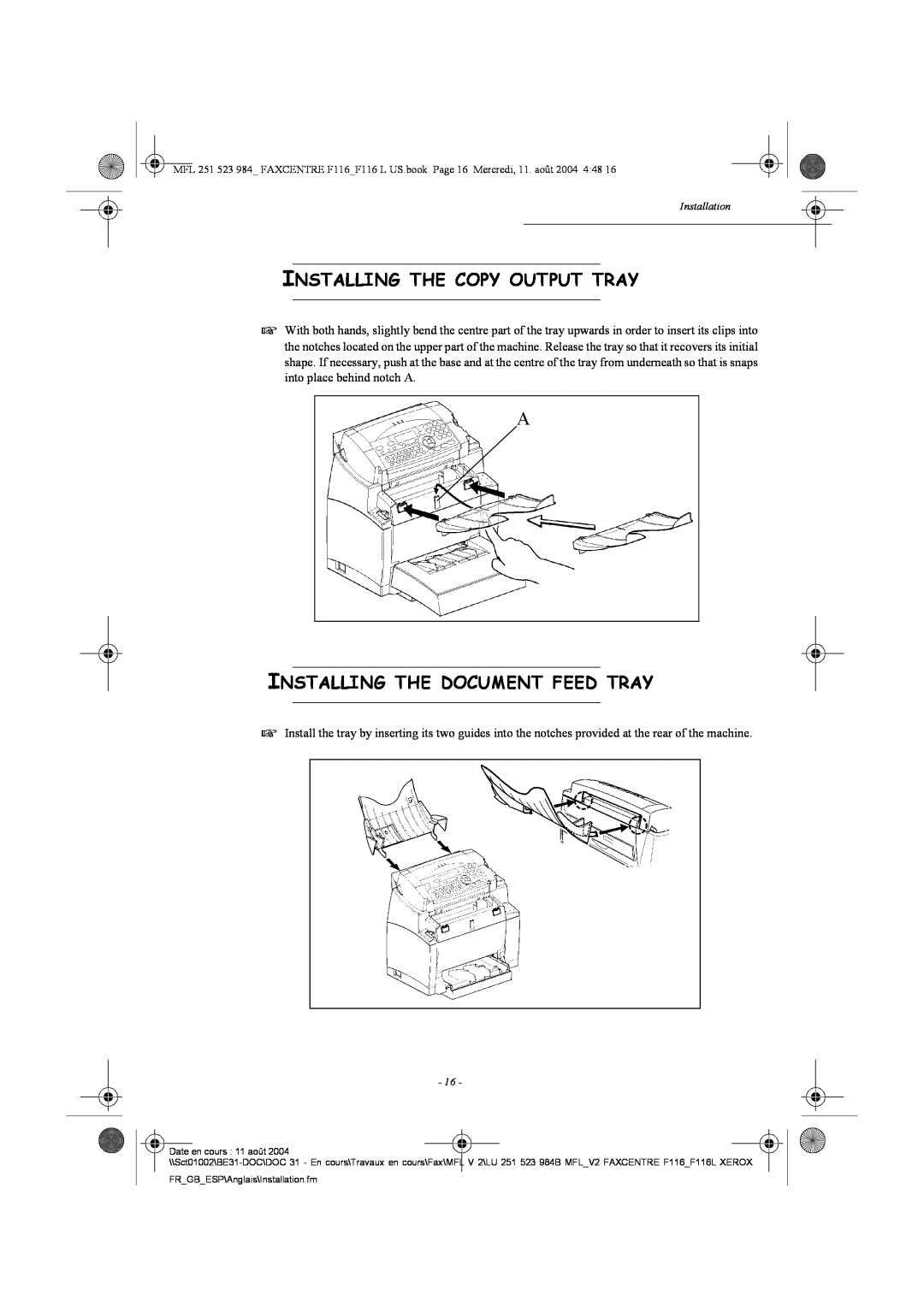 Xerox F116 user manual Installing The Copy Output Tray, Installing The Document Feed Tray 
