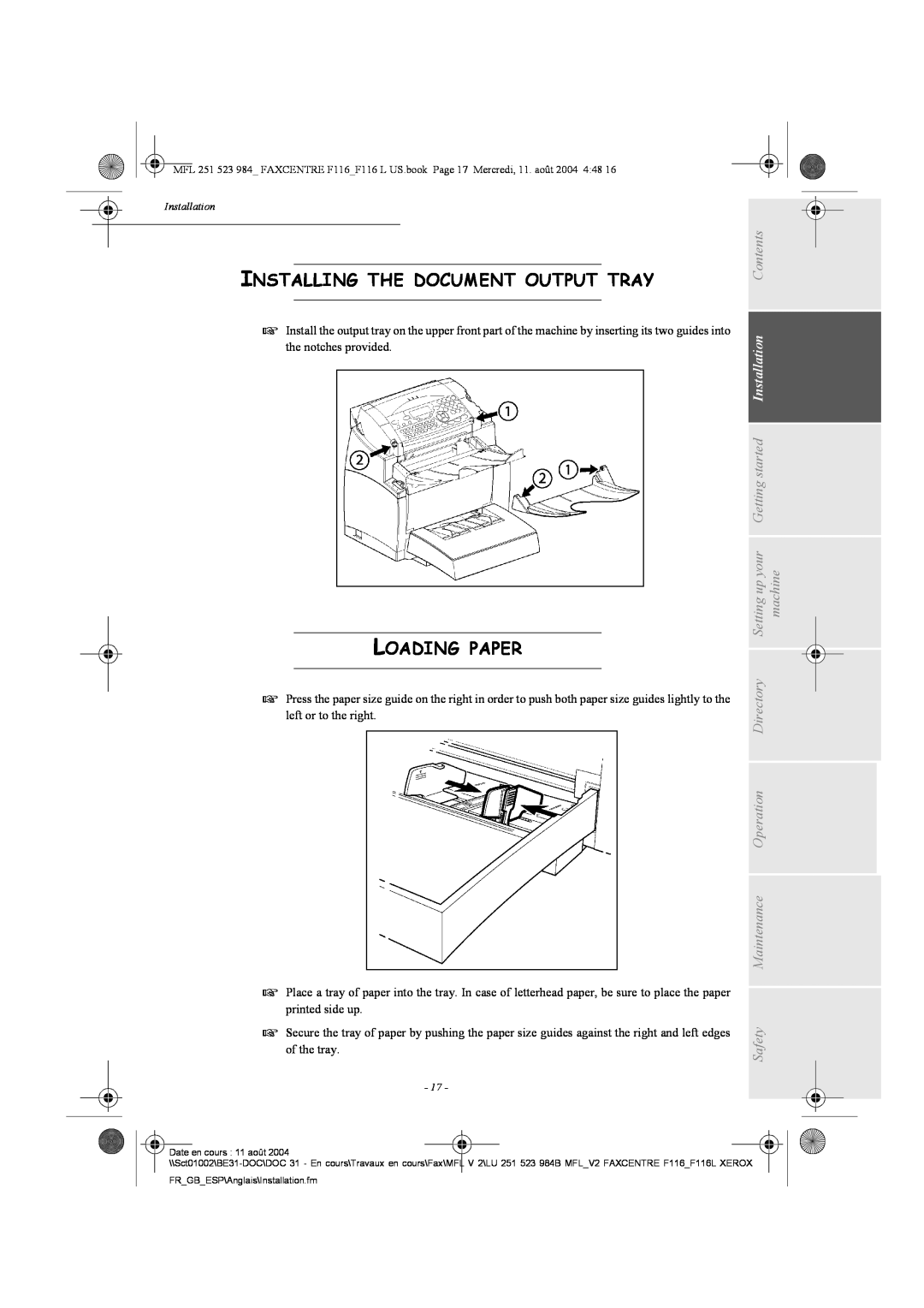 Xerox F116 user manual Installing The Document Output Tray, Loading Paper, Installation 