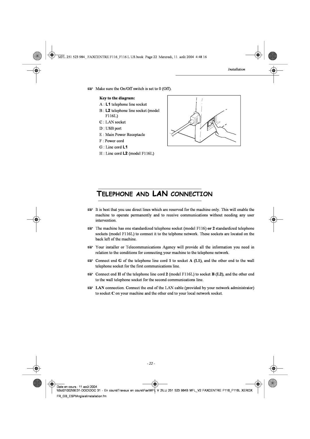 Xerox F116 user manual Telephone And Lan Connection, Key to the diagram 