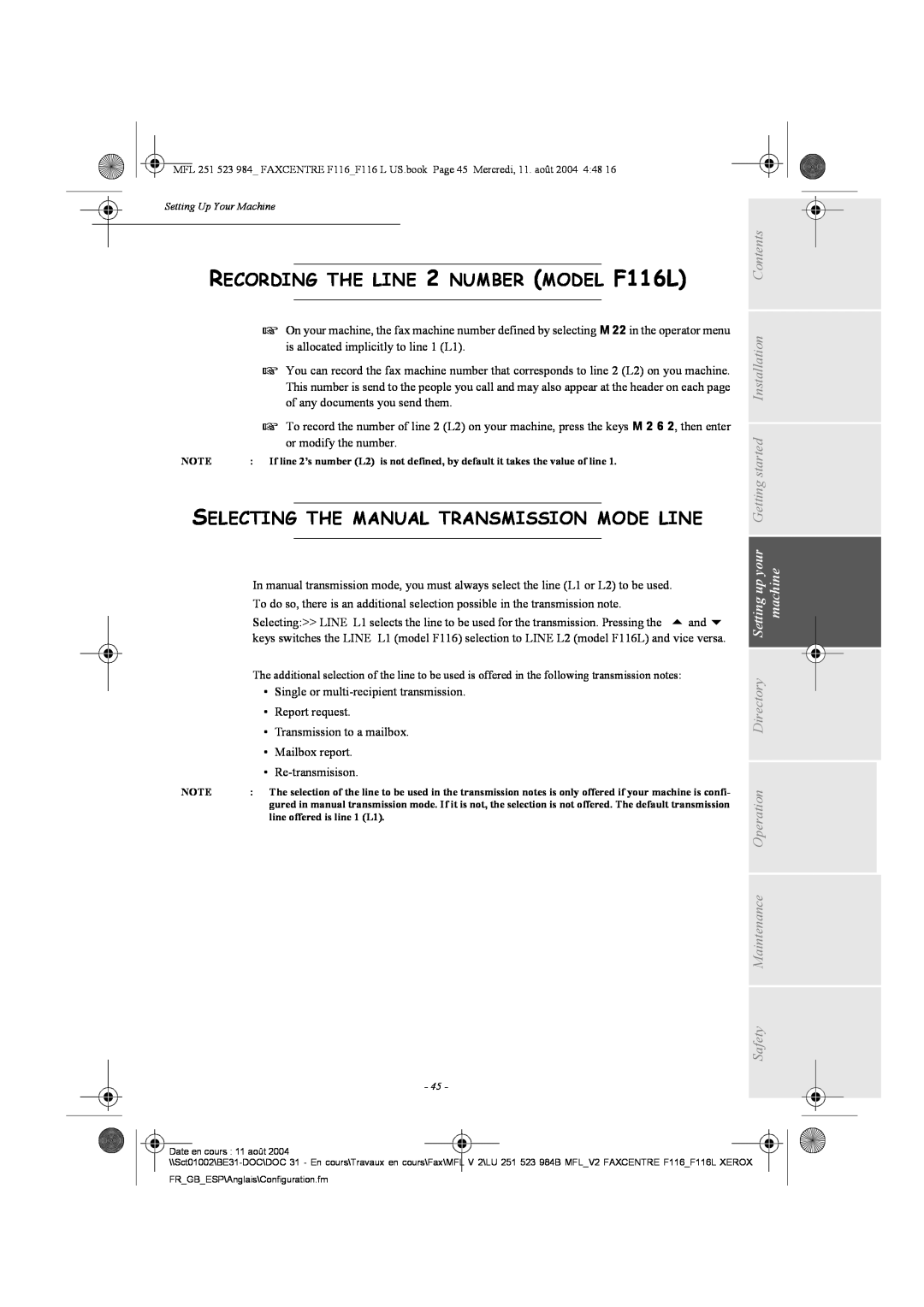Xerox user manual RECORDING THE LINE 2 NUMBER MODEL F116L, Selecting The Manual Transmission Mode Line 