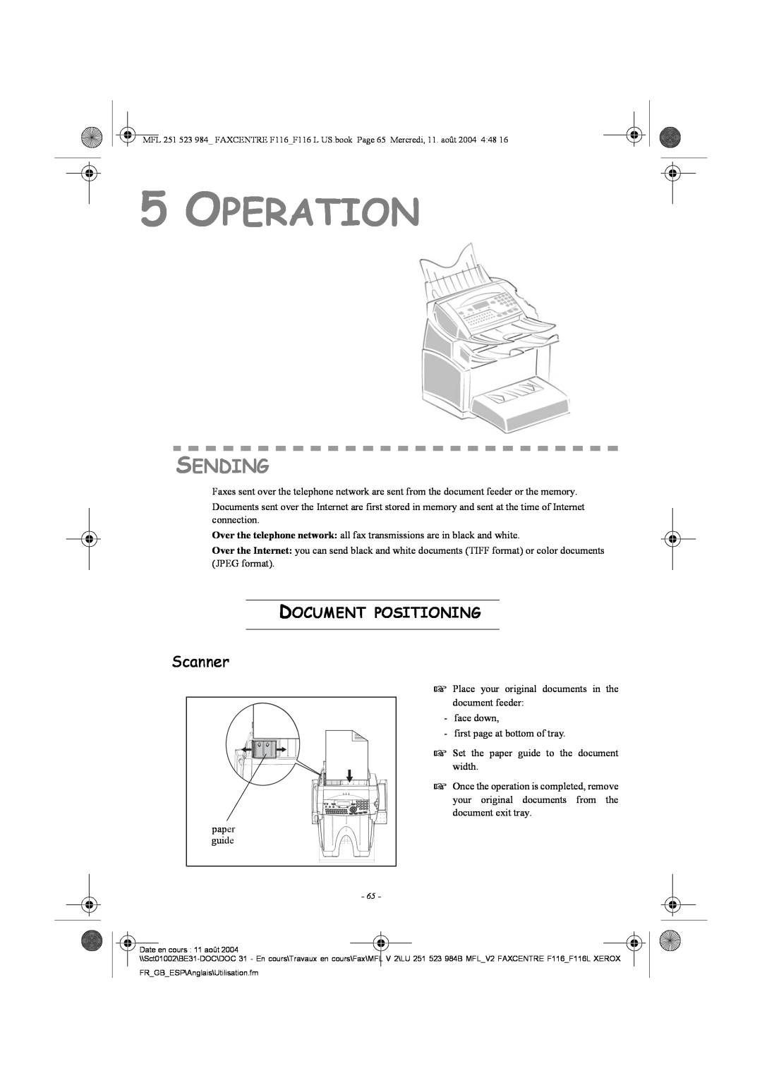 Xerox F116 user manual 5OPERATION, Sending, Scanner, Document Positioning 