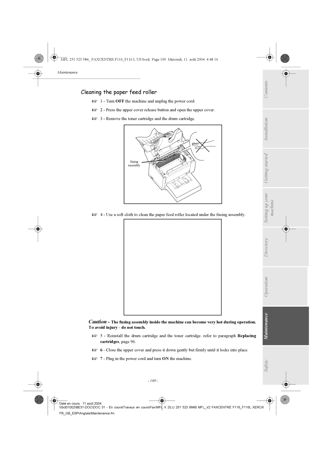 Xerox F116 user manual Cleaning the paper feed roller, 109 