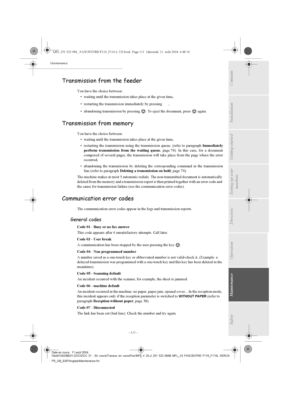 Xerox F116 user manual Transmission from the feeder, Transmission from memory, Communication error codes, General codes 