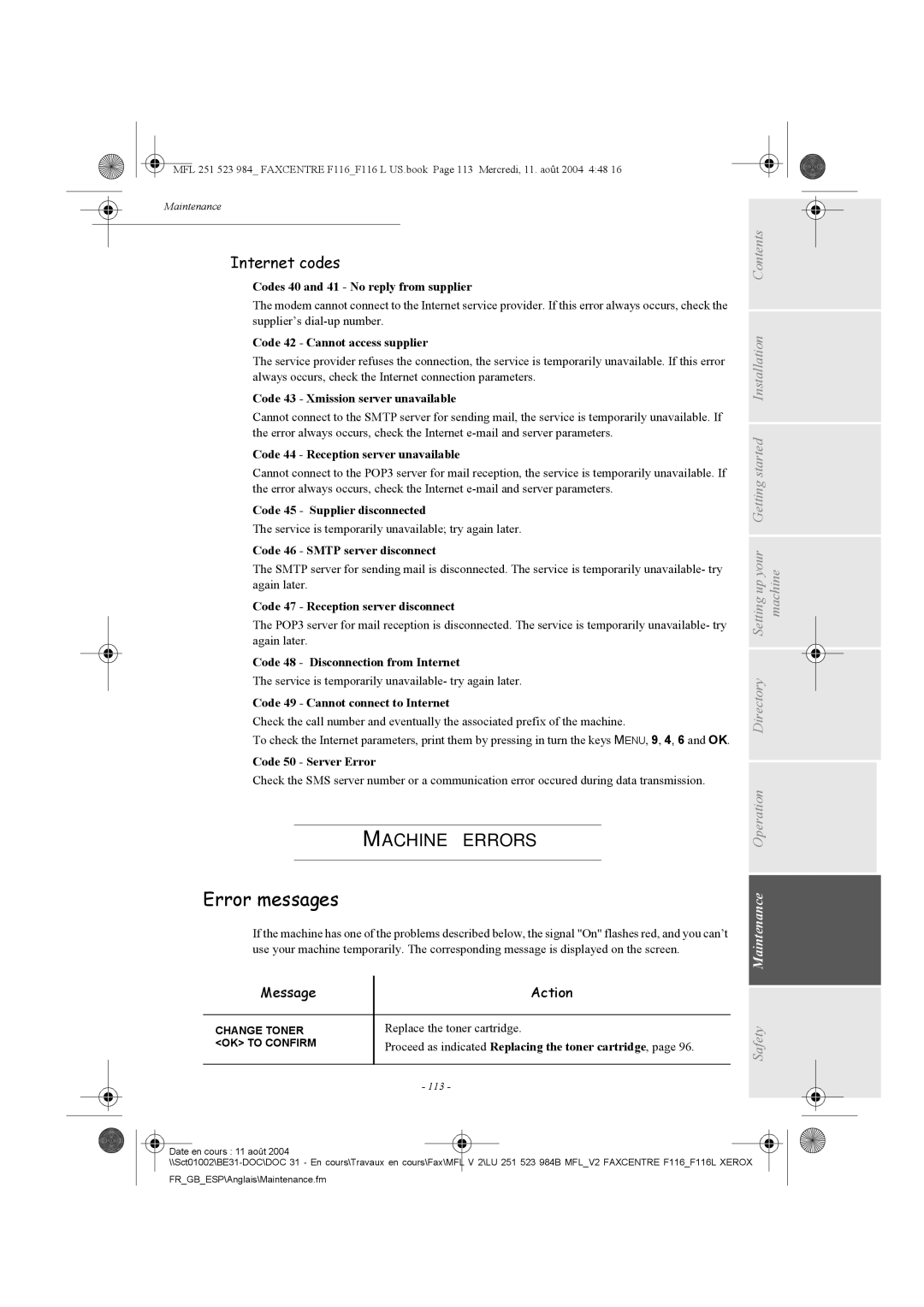 Xerox F116 user manual Error messages, Machine Errors, Internet codes, Message Action 