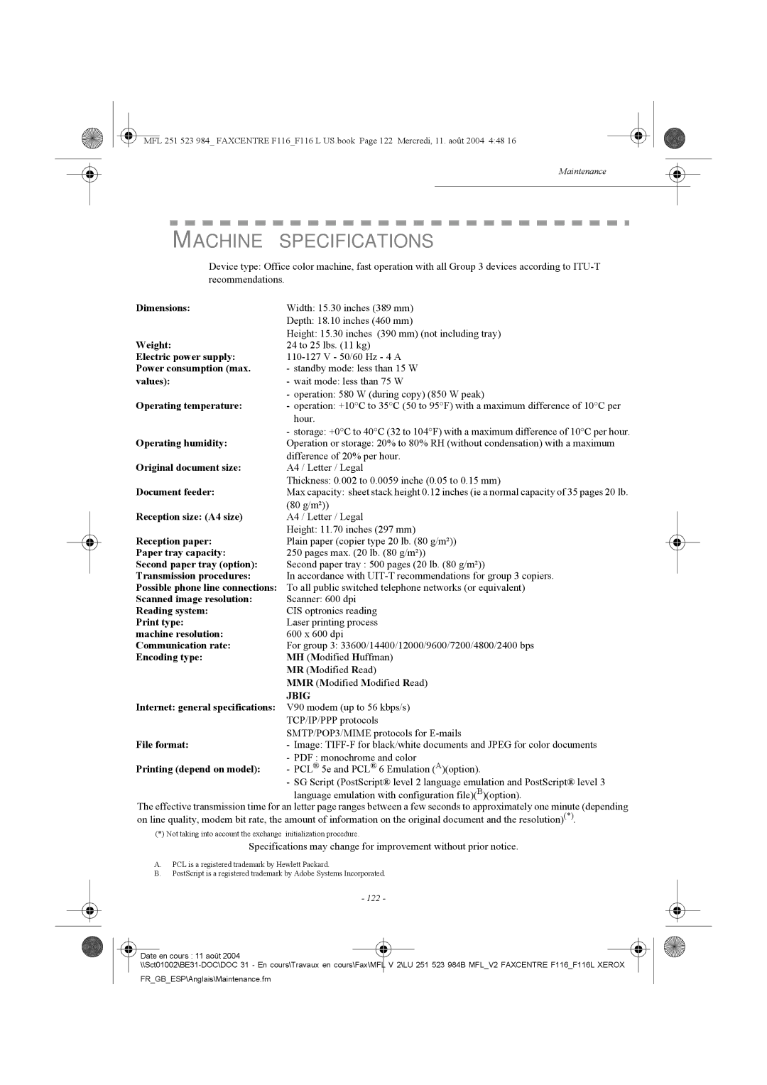 Xerox F116 user manual Machine Specifications 