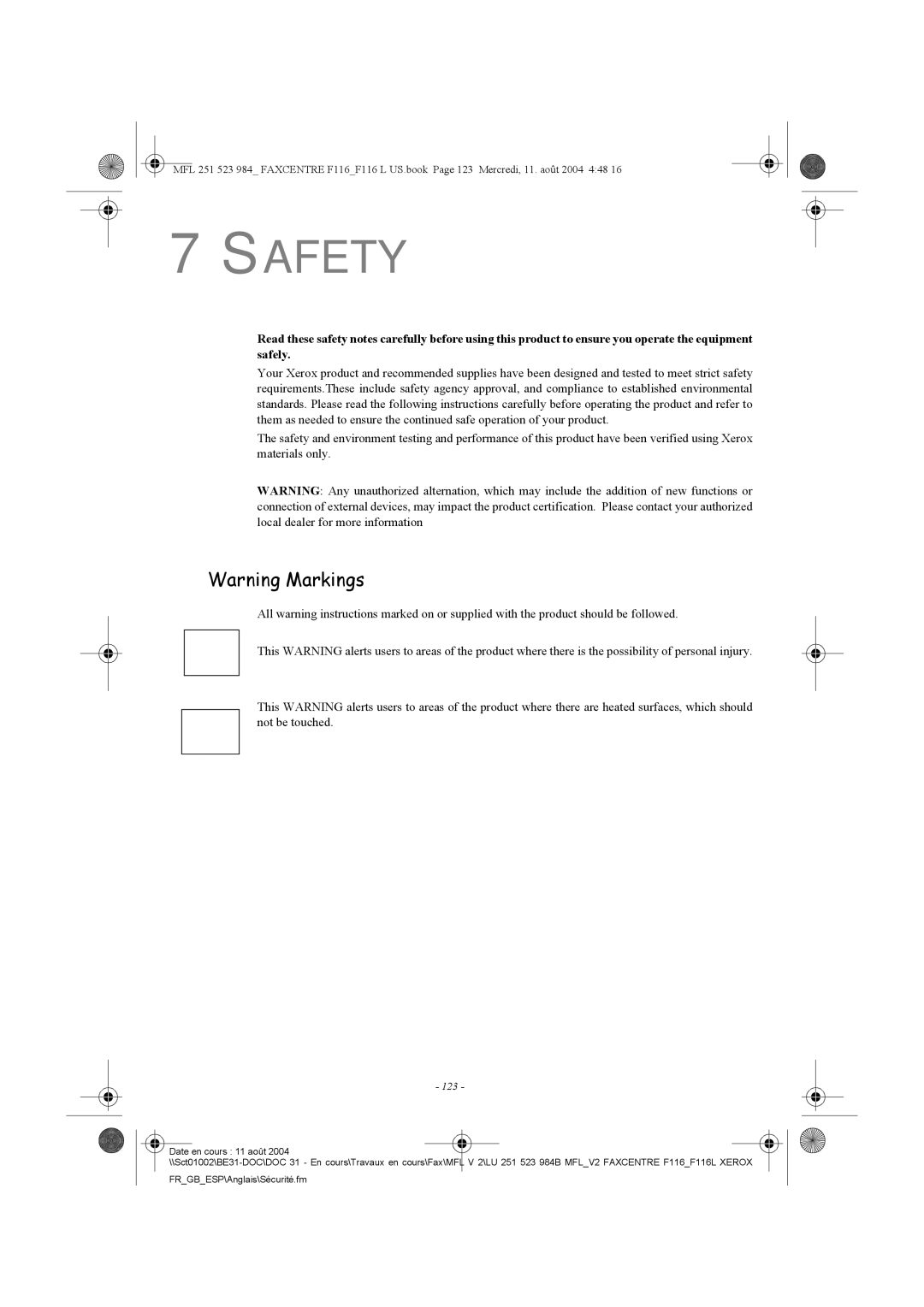 Xerox F116 user manual Safety, 123 