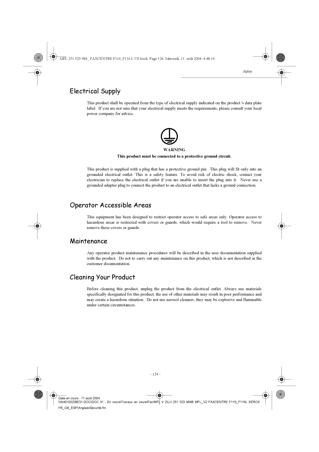 Xerox F116 user manual Electrical Supply, Operator Accessible Areas, Maintenance, Cleaning Your Product 