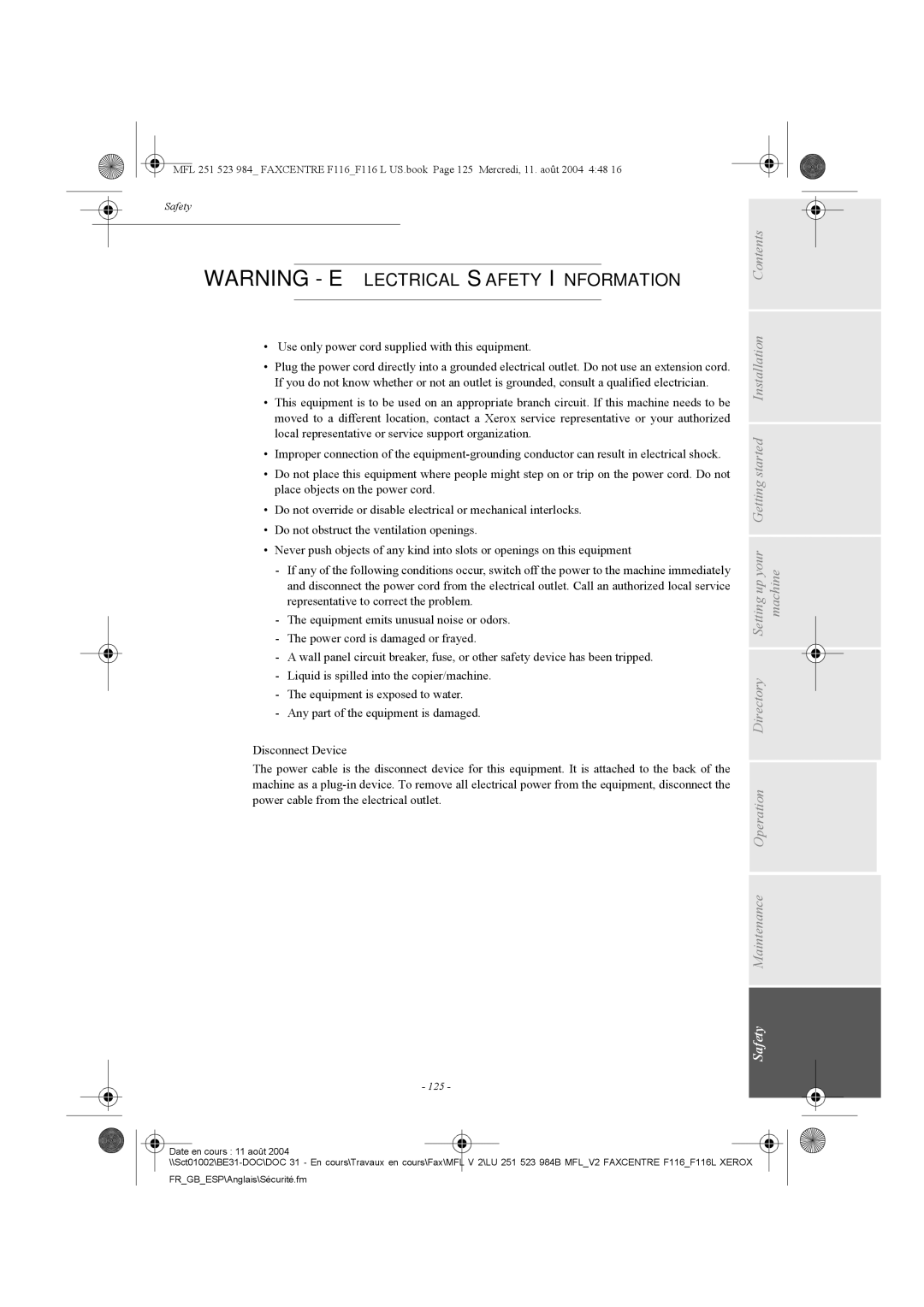 Xerox F116 user manual Use only power cord supplied with this equipment, 125 