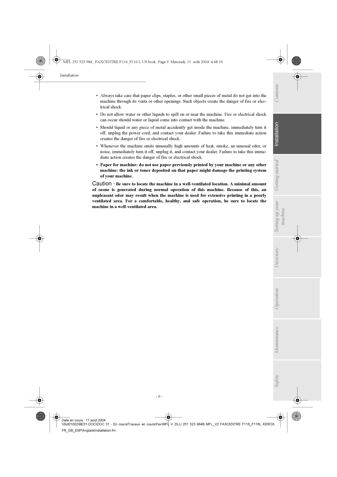 Xerox F116 user manual Installation 