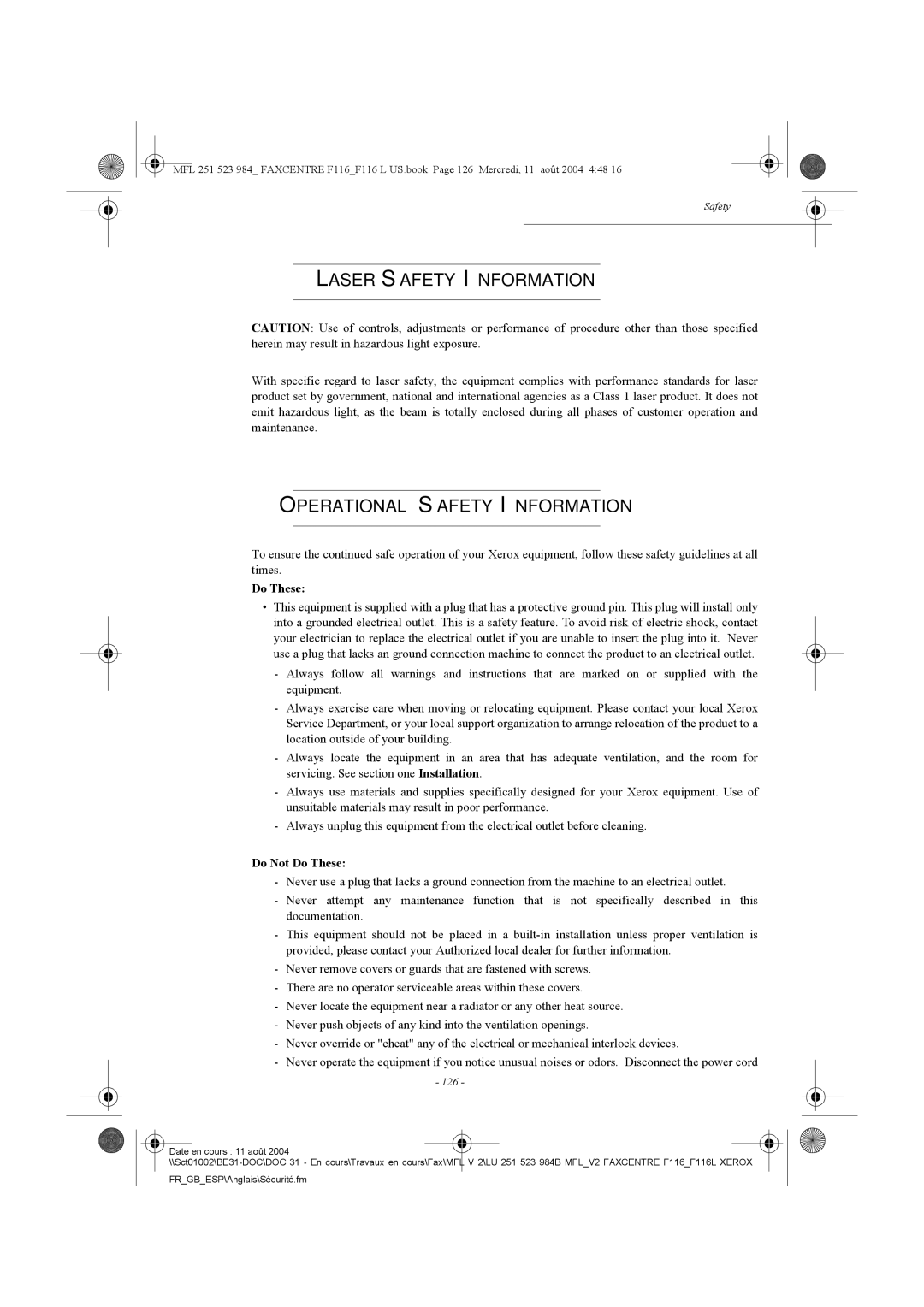 Xerox F116 user manual Laser Safety Information, Operational Safety Information, Do Not Do These, 126 