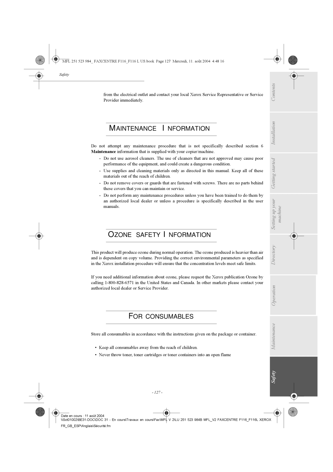 Xerox F116 user manual Maintenance Information, Ozone Safety Information, For Consumables, 127 