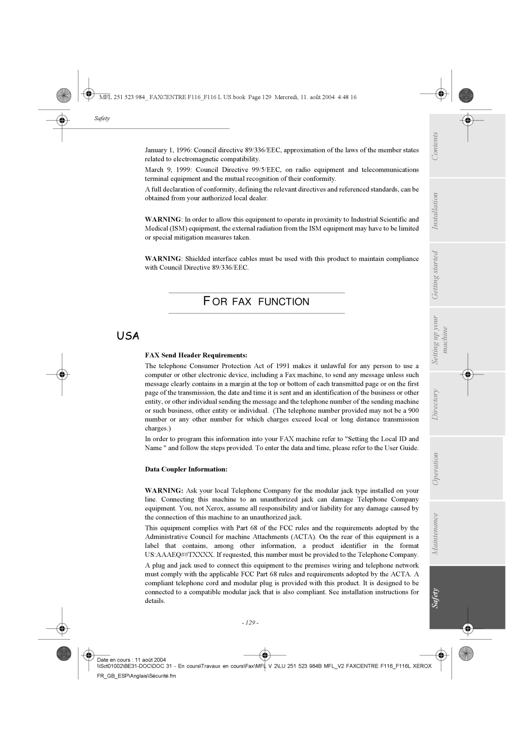 Xerox F116 user manual For FAX Function, FAX Send Header Requirements, Data Coupler Information, 129 