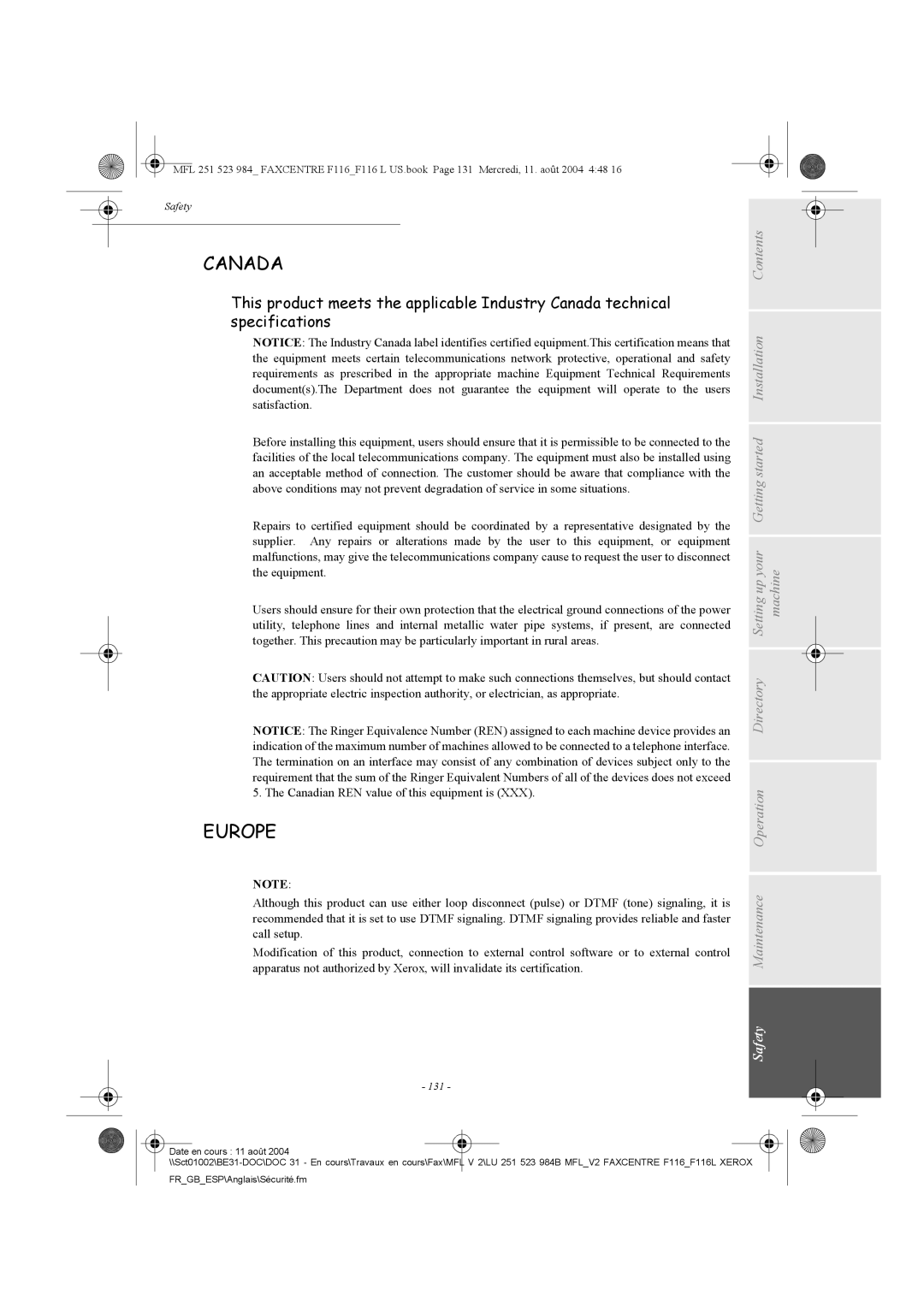 Xerox F116 user manual Canada, 131 