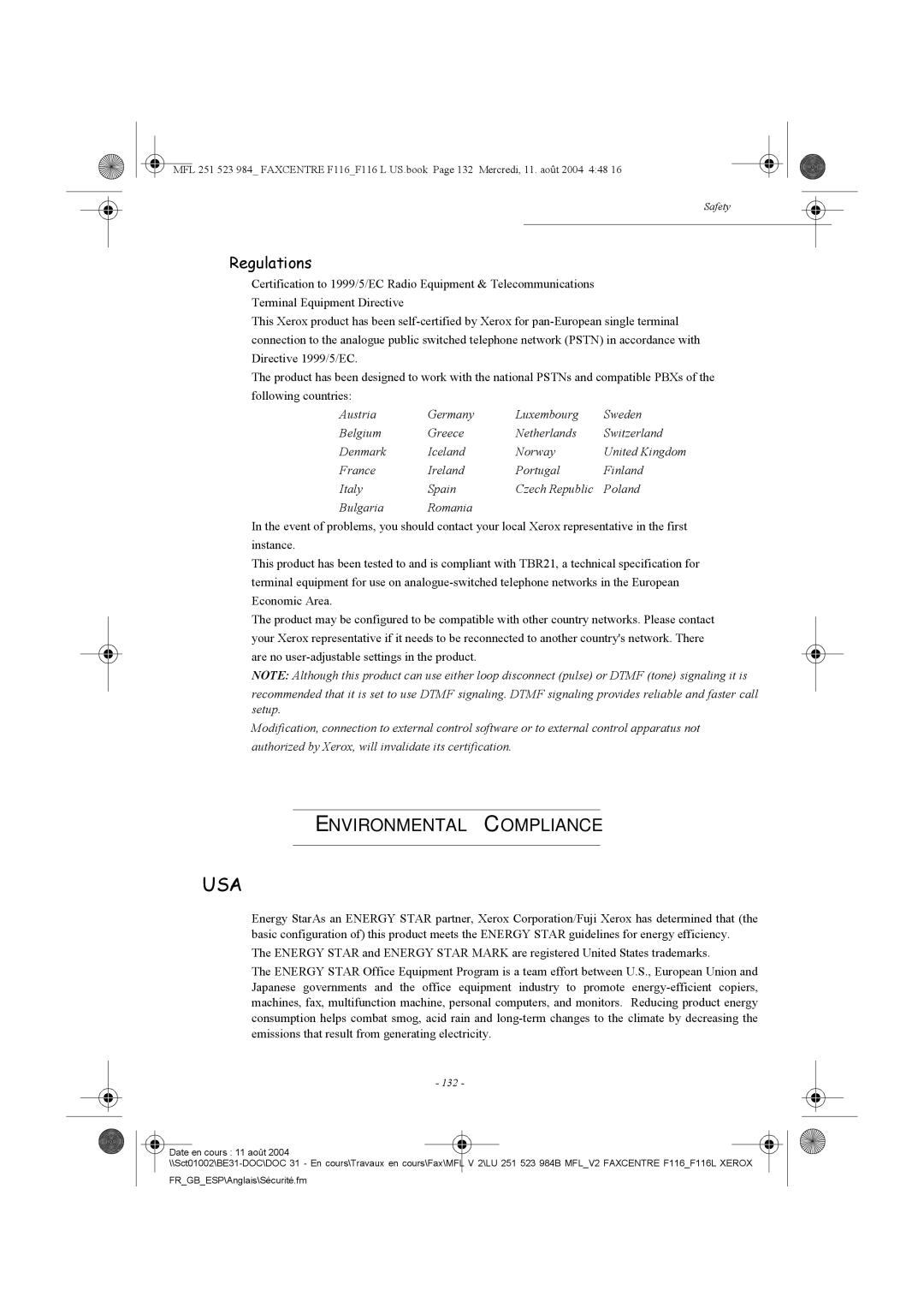 Xerox F116 user manual Environmental Compliance, Regulations, 132 