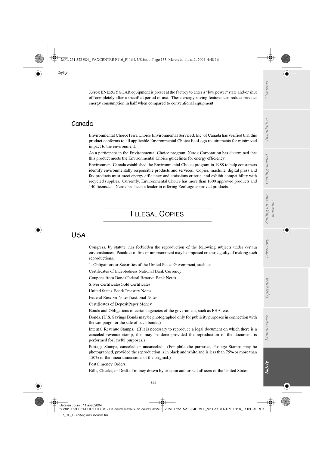 Xerox F116 user manual Canada, Illegal Copies, 133 