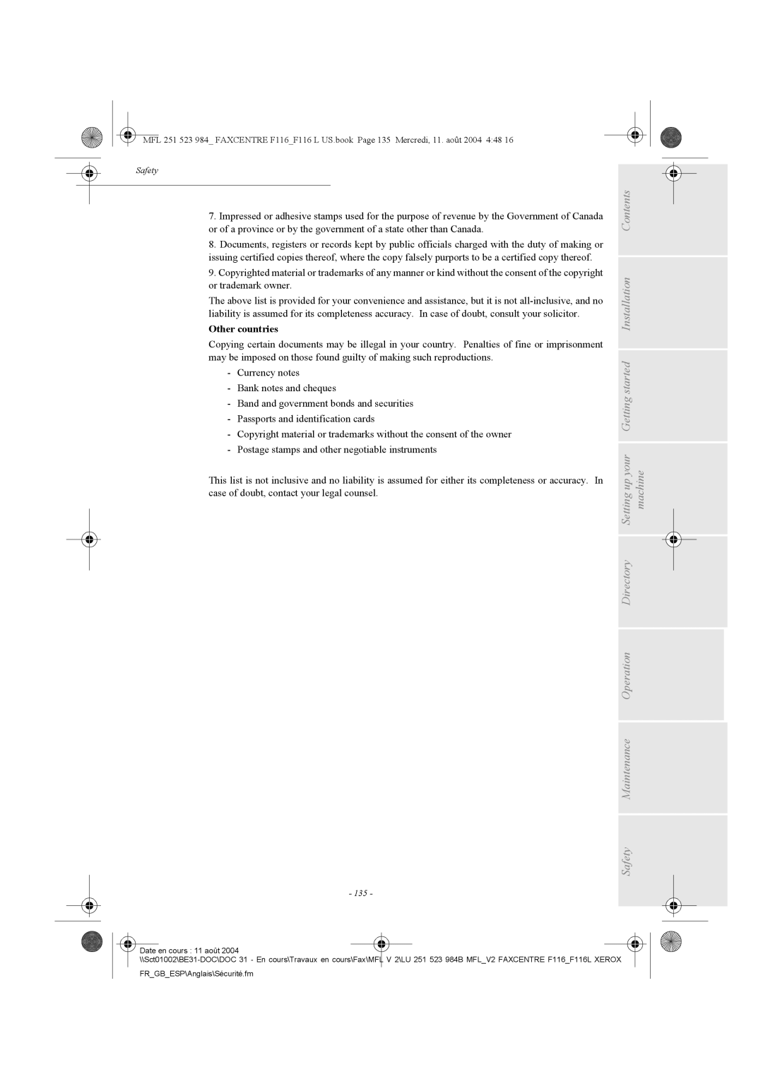 Xerox F116 user manual Other countries, 135 