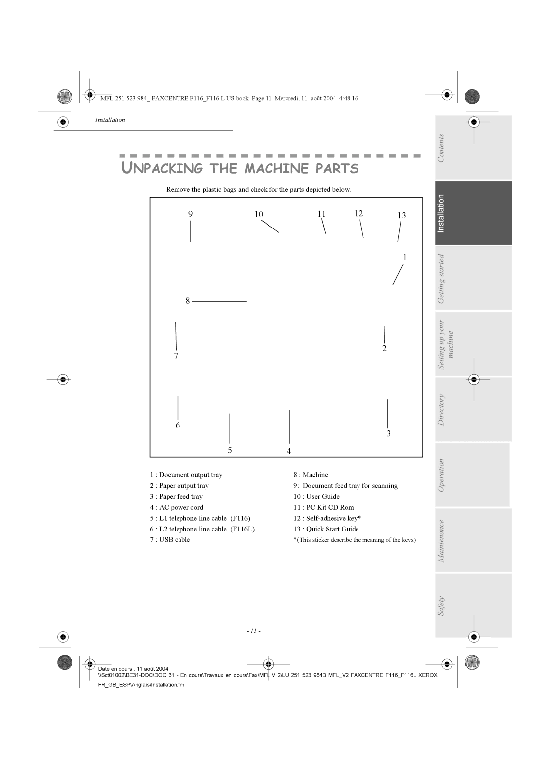 Xerox F116 user manual Unpacking the Machine Parts, Up your Getting started Installation Contents 