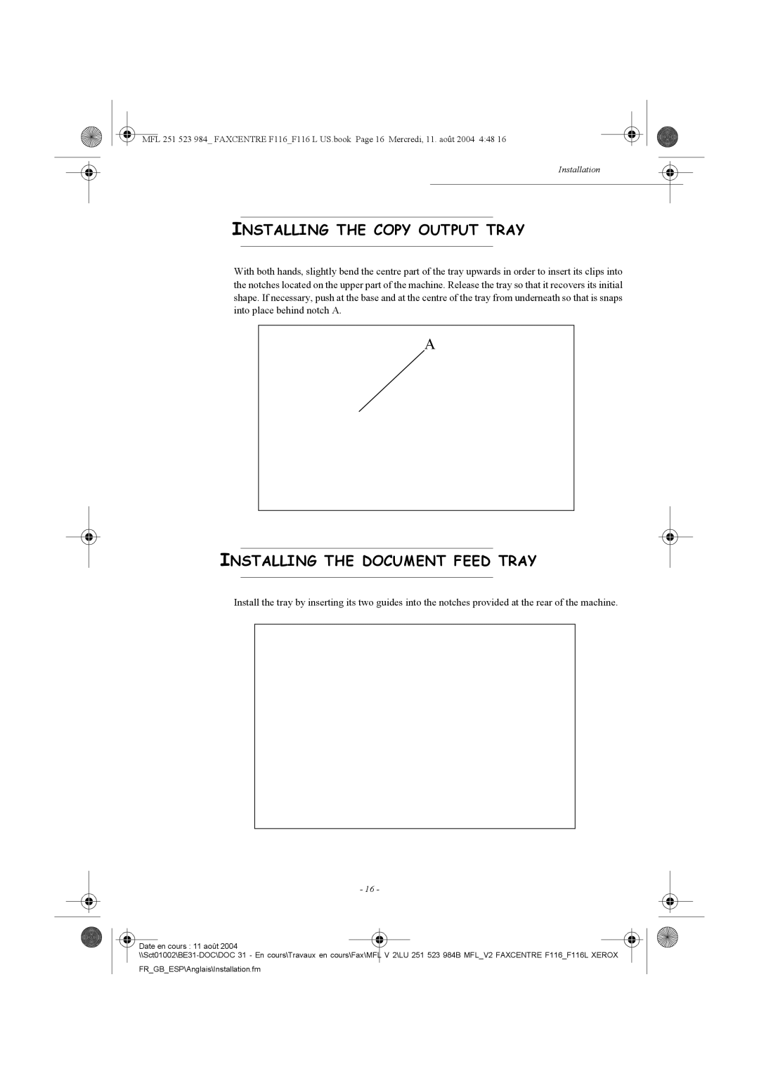 Xerox F116 user manual Installing the Copy Output Tray, Installing the Document Feed Tray 