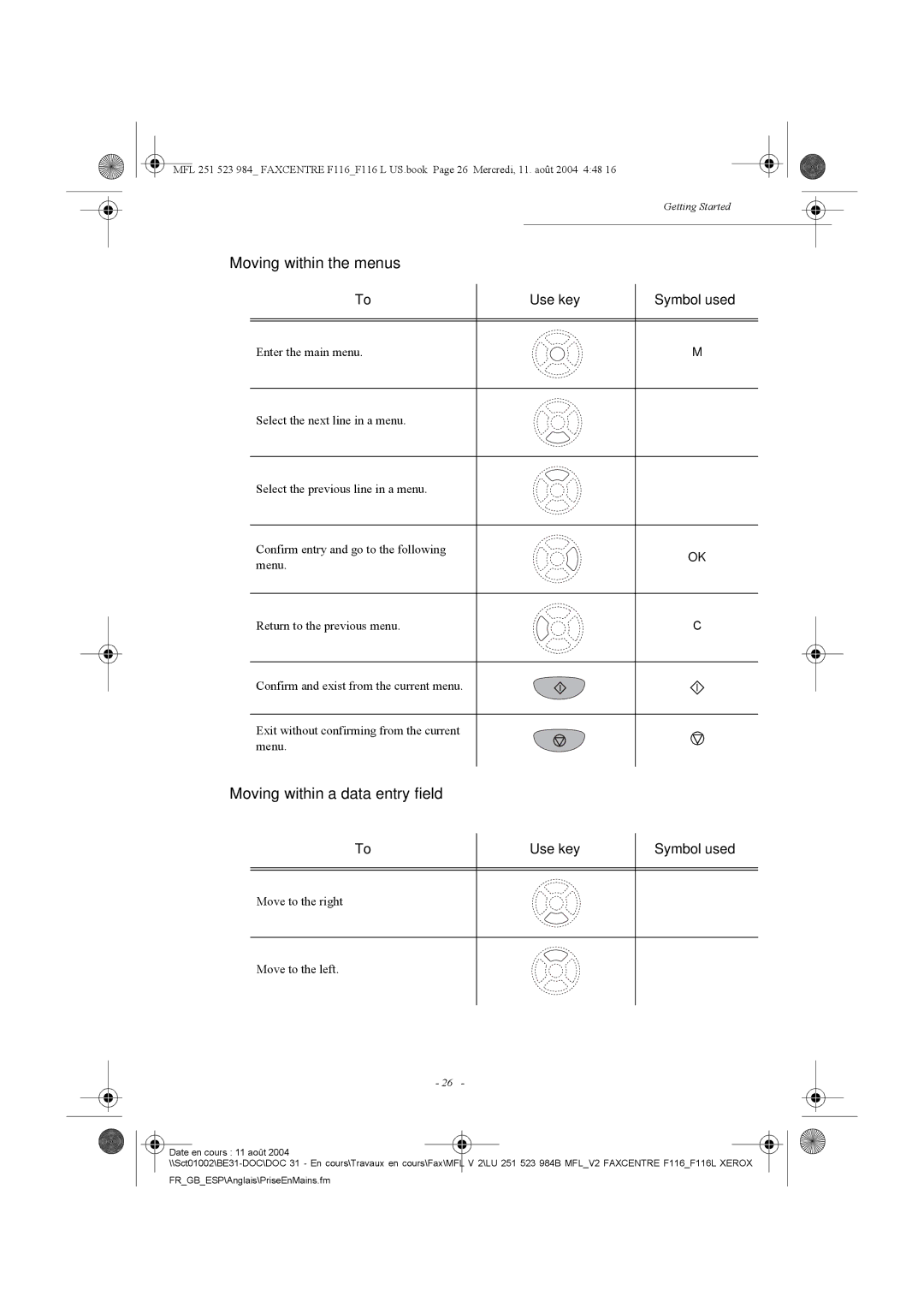 Xerox F116 user manual Moving within the menus, Moving within a data entry field, Use key Symbol used 