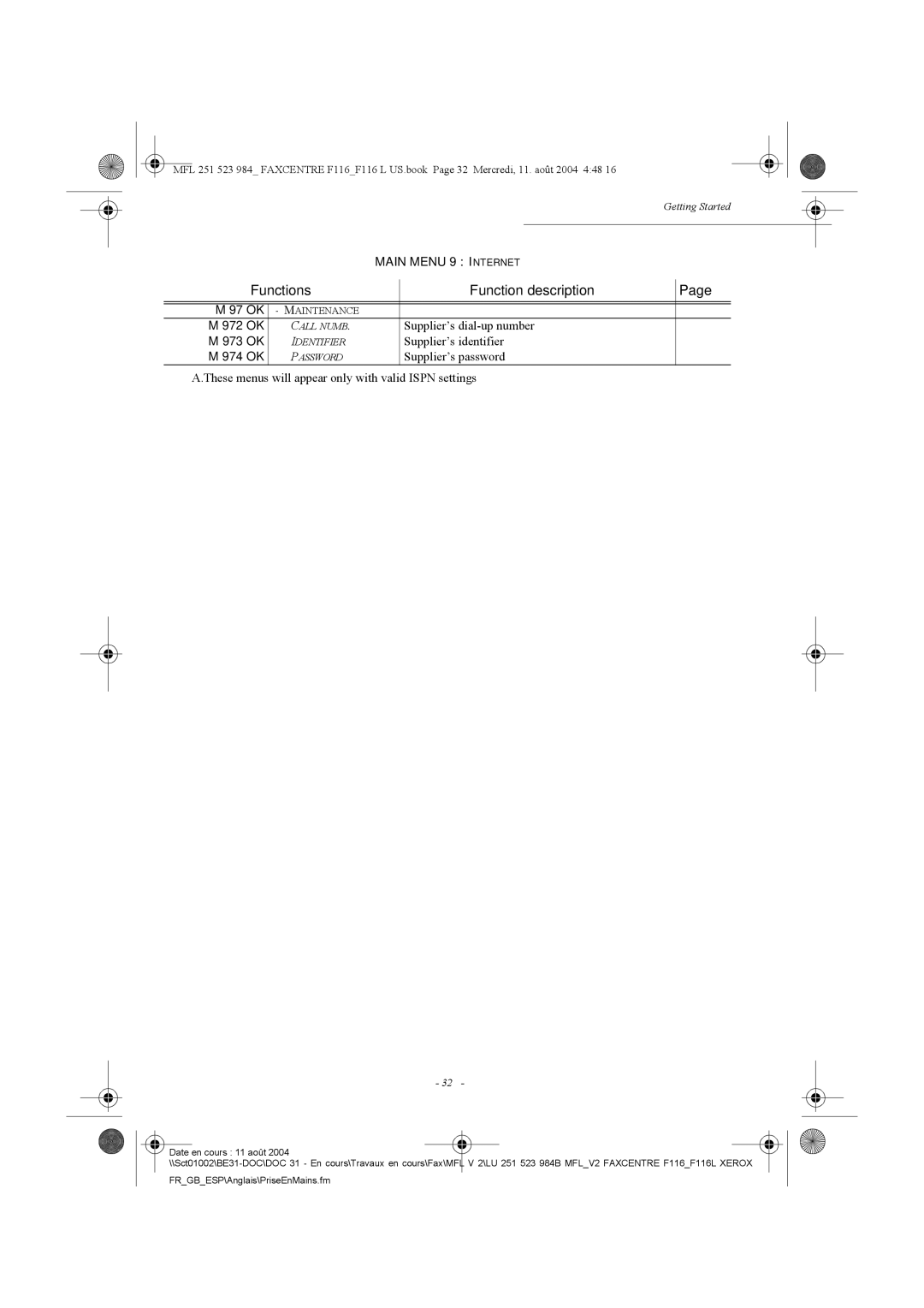 Xerox F116 user manual Main Menu 9 I Nternet, Supplier’s dial-up number, Supplier’s identifier 