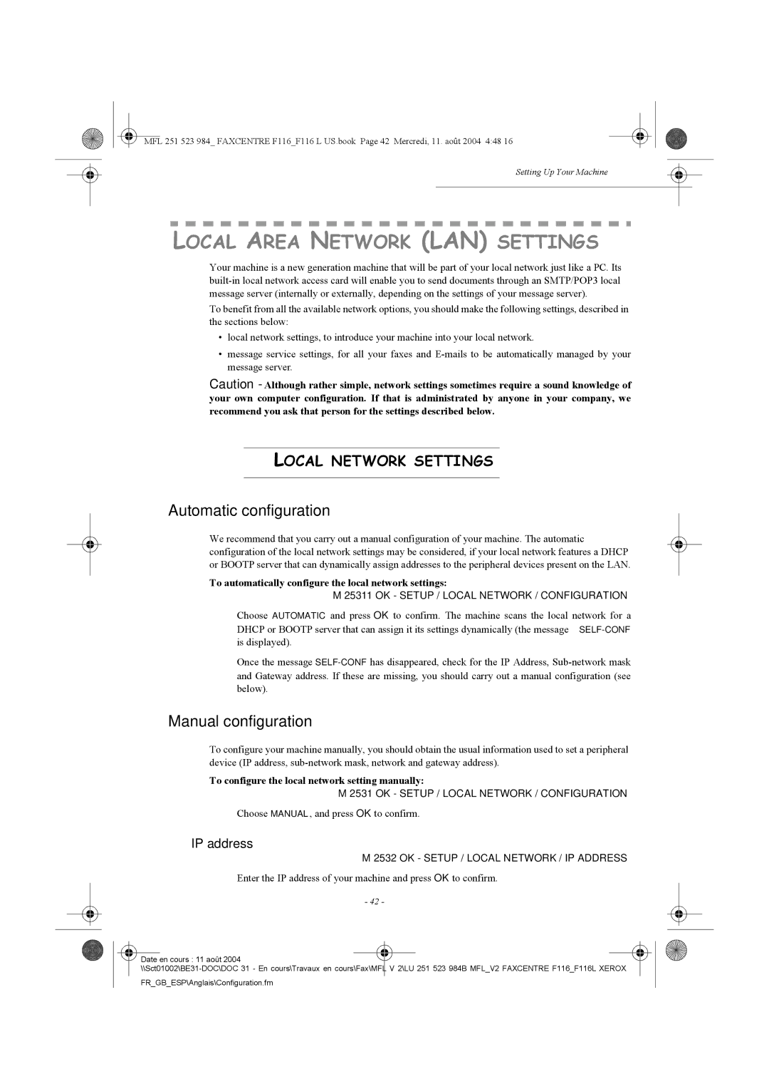 Xerox F116 Local Area Network LAN Settings, Automatic configuration, Manual configuration, Local Network Settings 