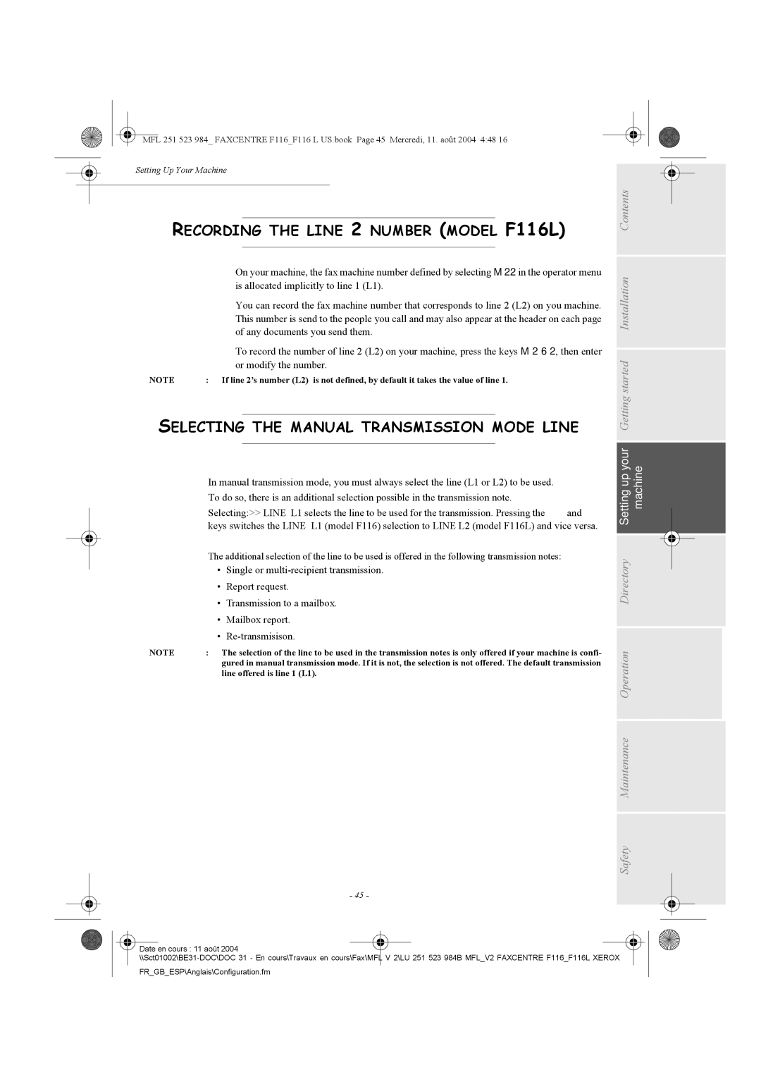 Xerox Recording the Line 2 Number Model F116L, Selecting the Manual Transmission Mode Line, Any documents you send them 