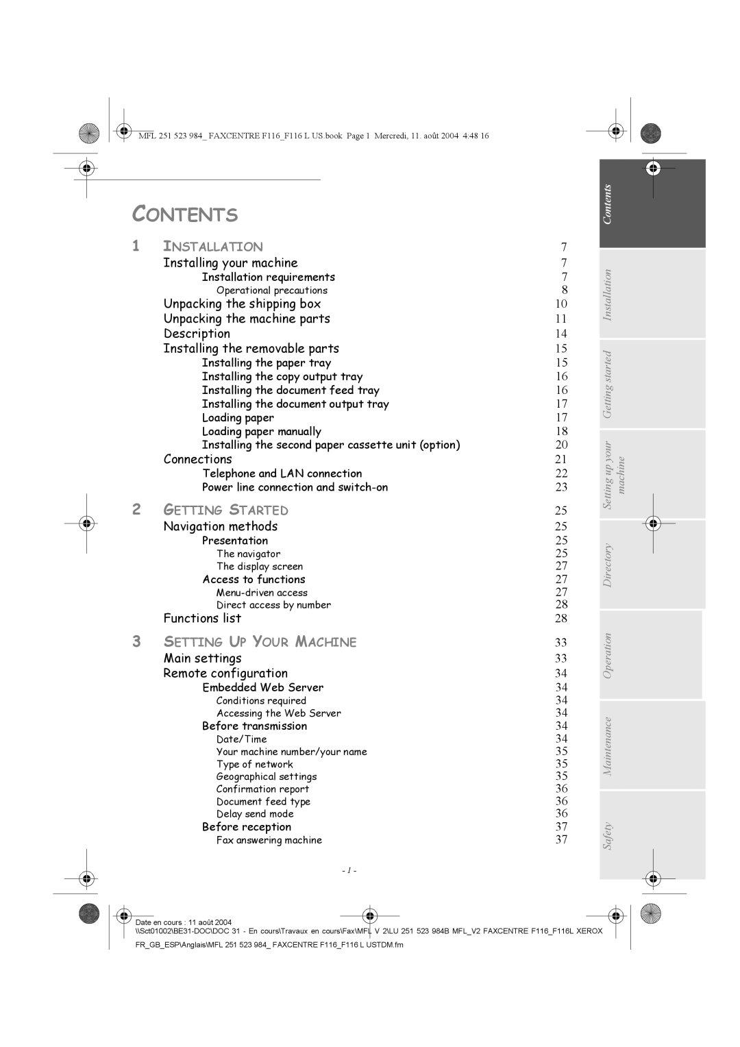 Xerox F116 user manual Contents 