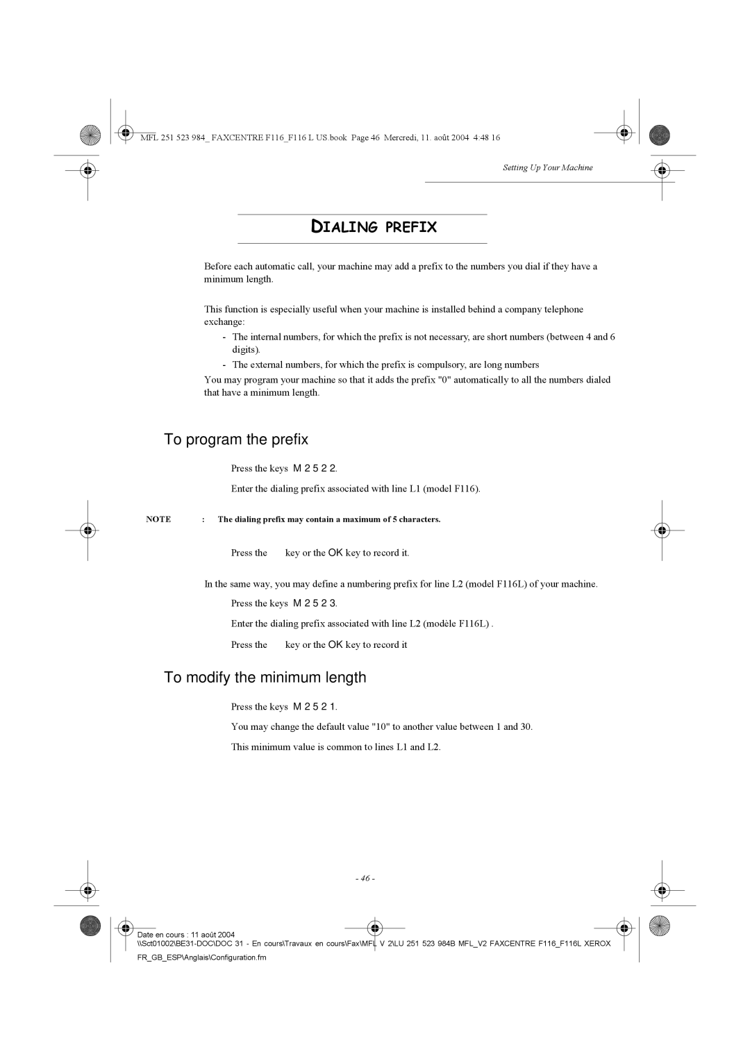 Xerox F116 user manual To program the prefix, To modify the minimum length, Dialing Prefix 