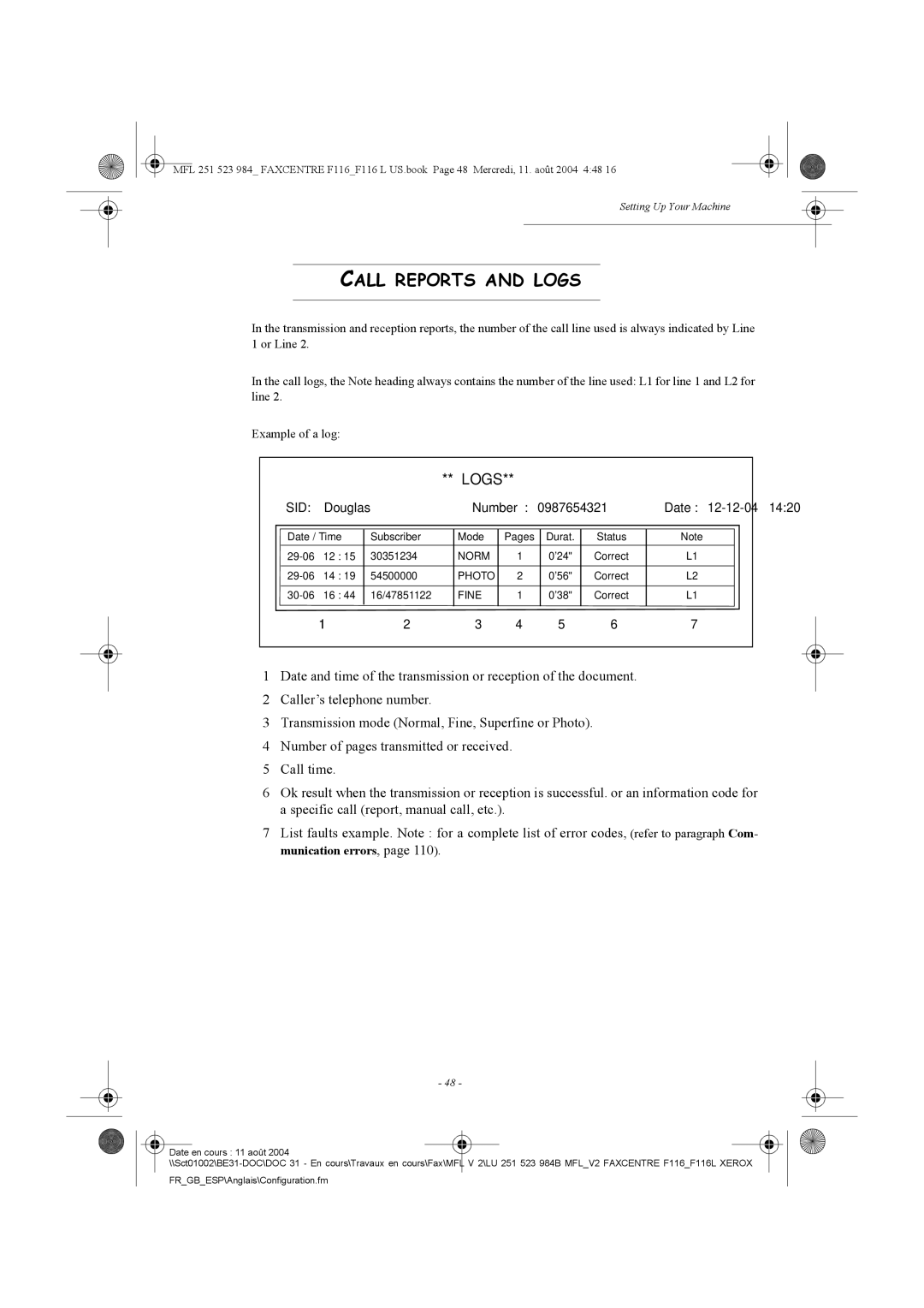 Xerox F116 user manual Call Reports and Logs, Sid 