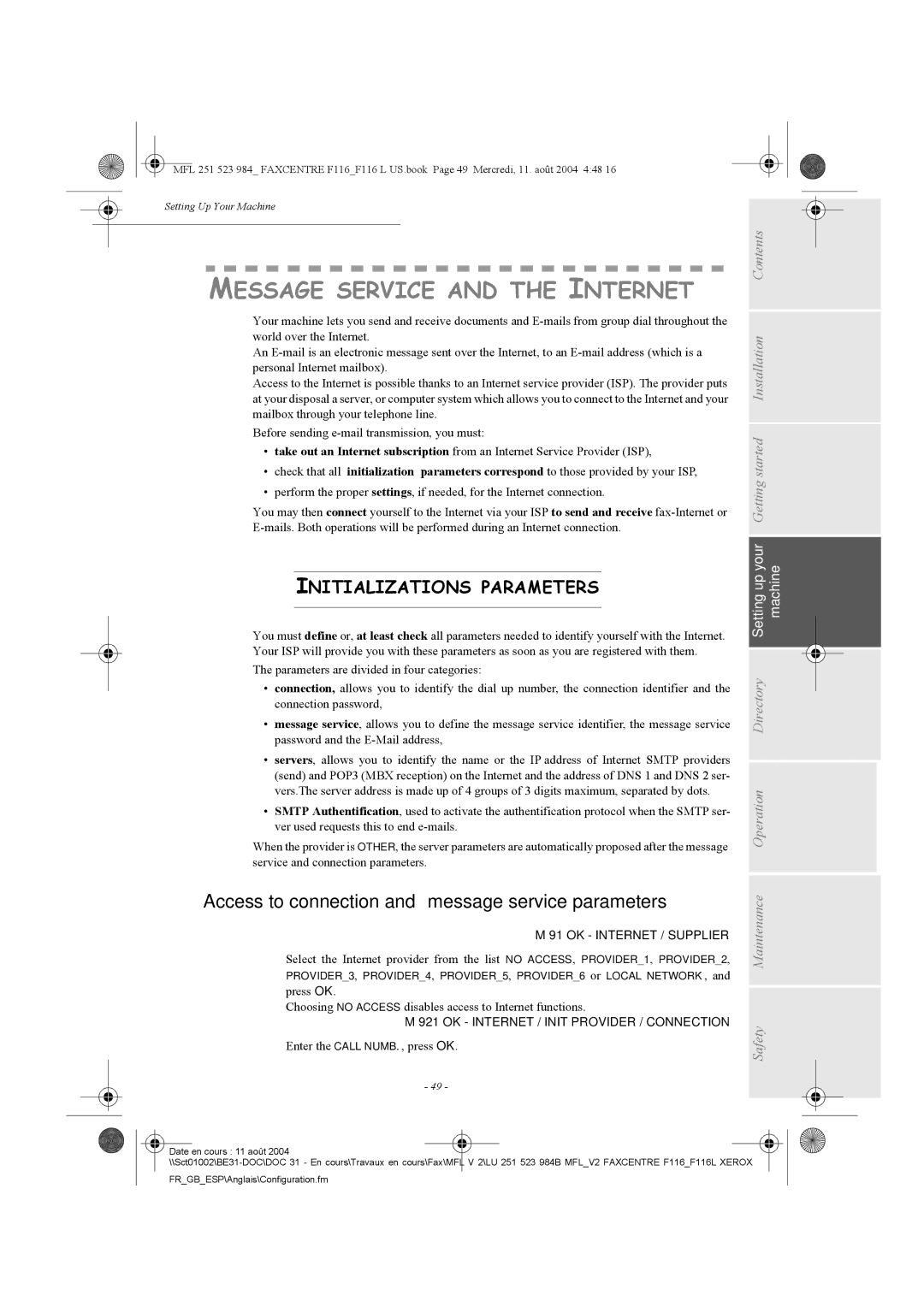 Xerox F116 Message Service and the Internet, Access to connection and message service parameters, OK Internet / Supplier 