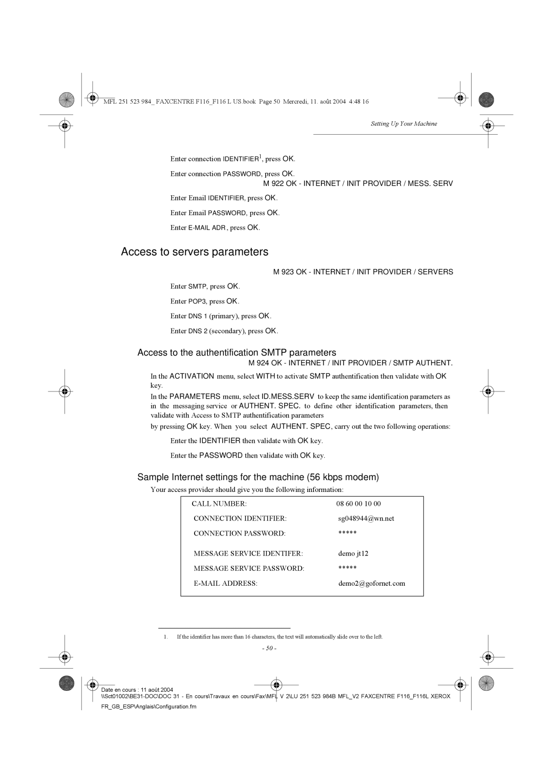 Xerox F116 user manual Access to servers parameters, Access to the authentification Smtp parameters 