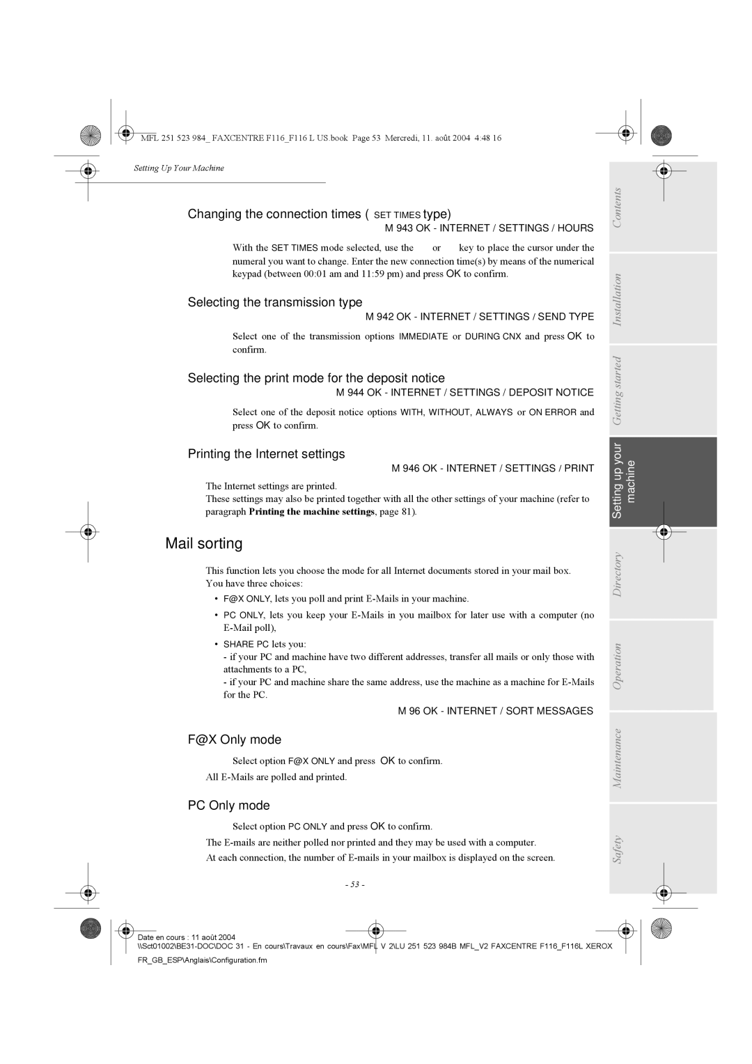 Xerox F116 user manual Mail sorting 