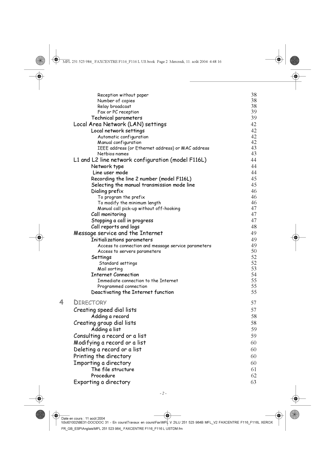 Xerox Local Area Network LAN settings, L1 and L2 line network configuration model F116L, Creating speed dial lists 