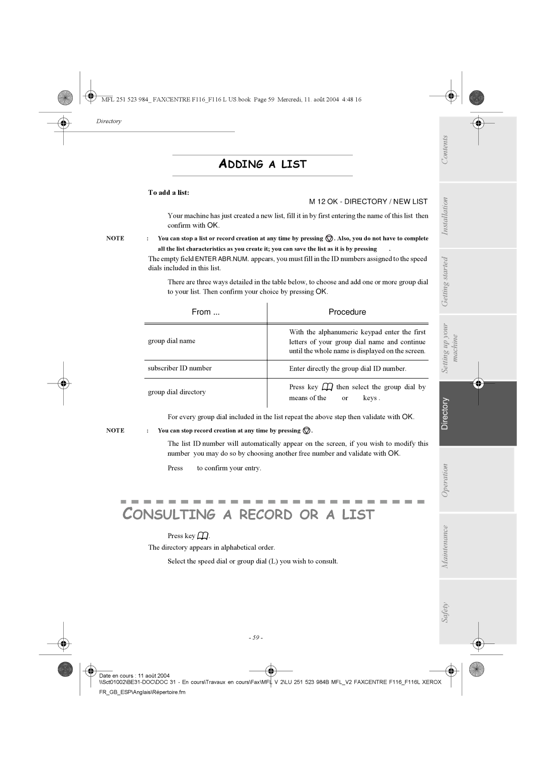 Xerox F116 user manual Consulting a Record or a List, Adding a List, From Procedure, To add a list, OK Directory / NEW List 