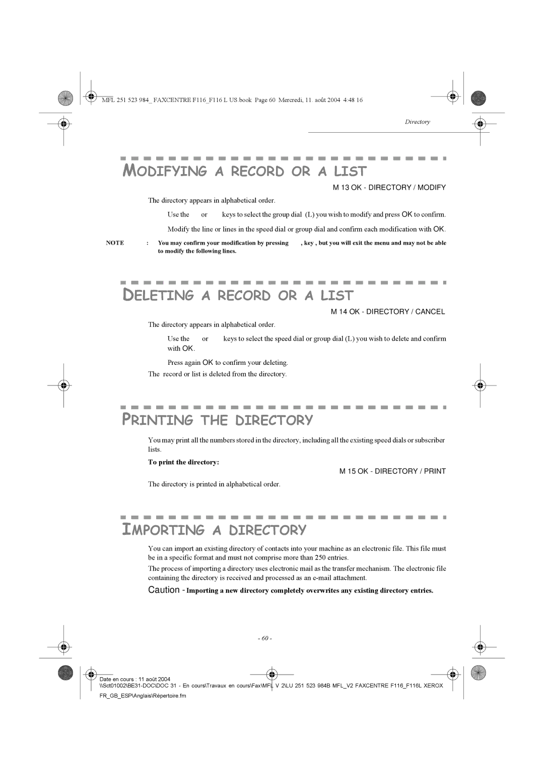 Xerox F116 Modifying a Record or a List, Deleting a Record or a List, Printing the Directory, Importing a Directory 