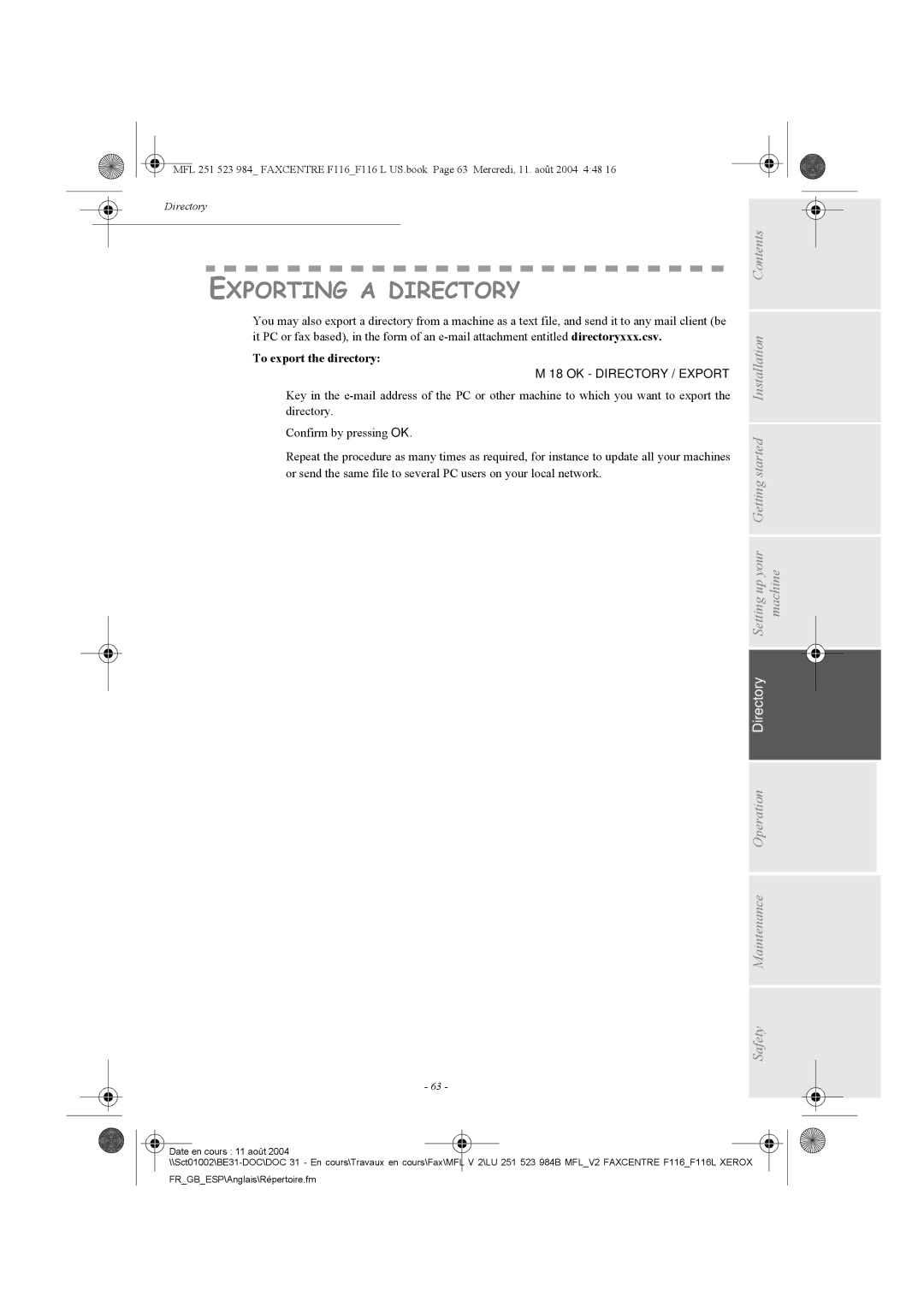 Xerox F116 user manual Exporting a Directory, To export the directory, OK Directory / Export 