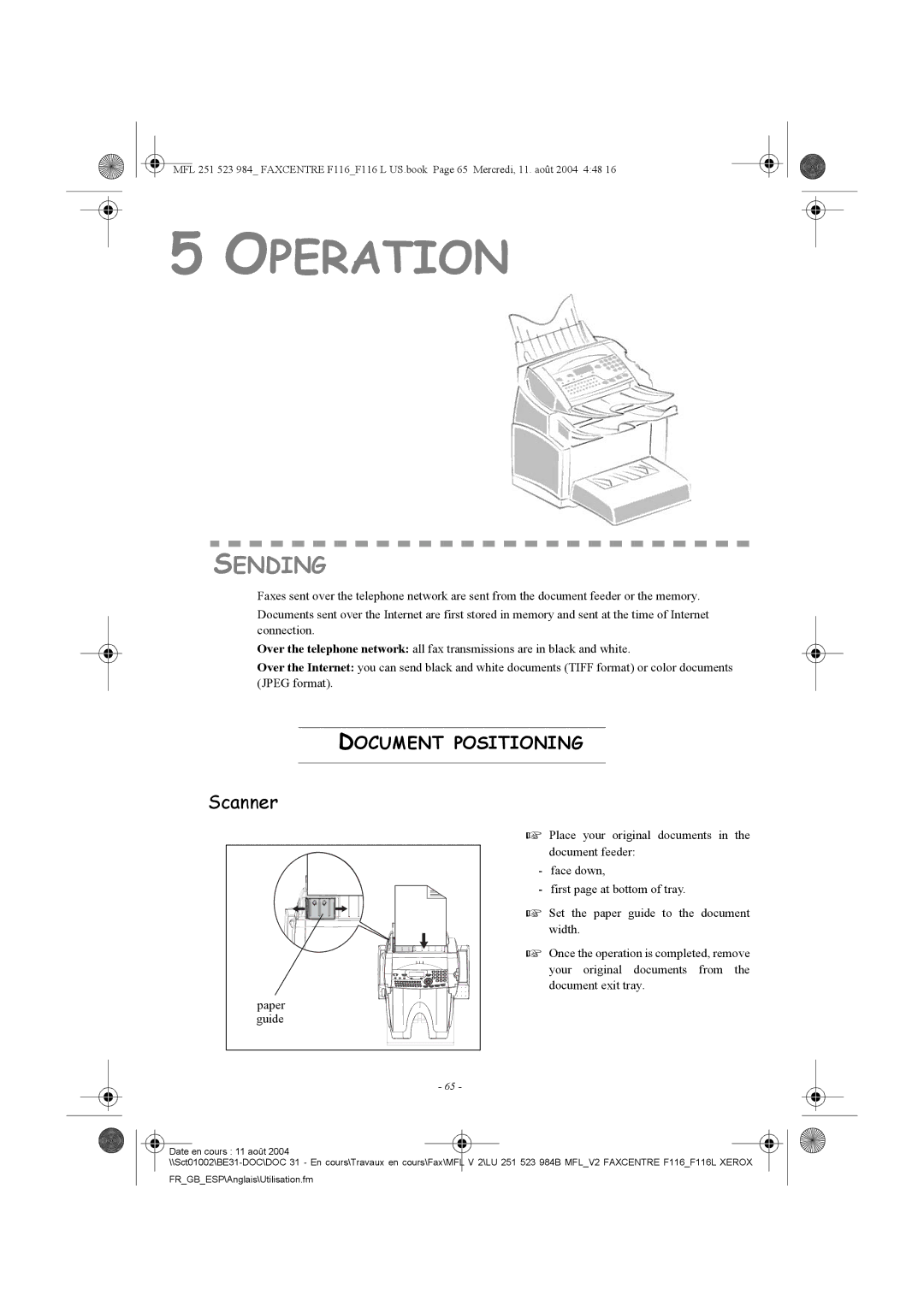 Xerox F116 user manual Sending, Scanner, Document Positioning, Paper, Guide 