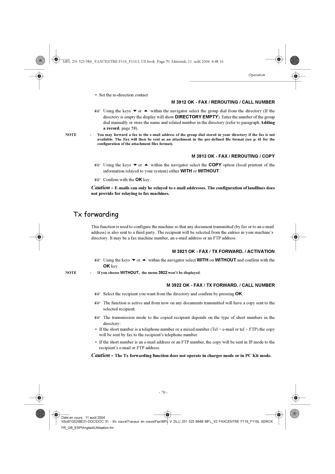 Xerox F116 Tx forwarding, OK FAX / Rerouting / Call Number, OK FAX / Rerouting / Copy, OK FAX / TX FORWARD. / Activation 