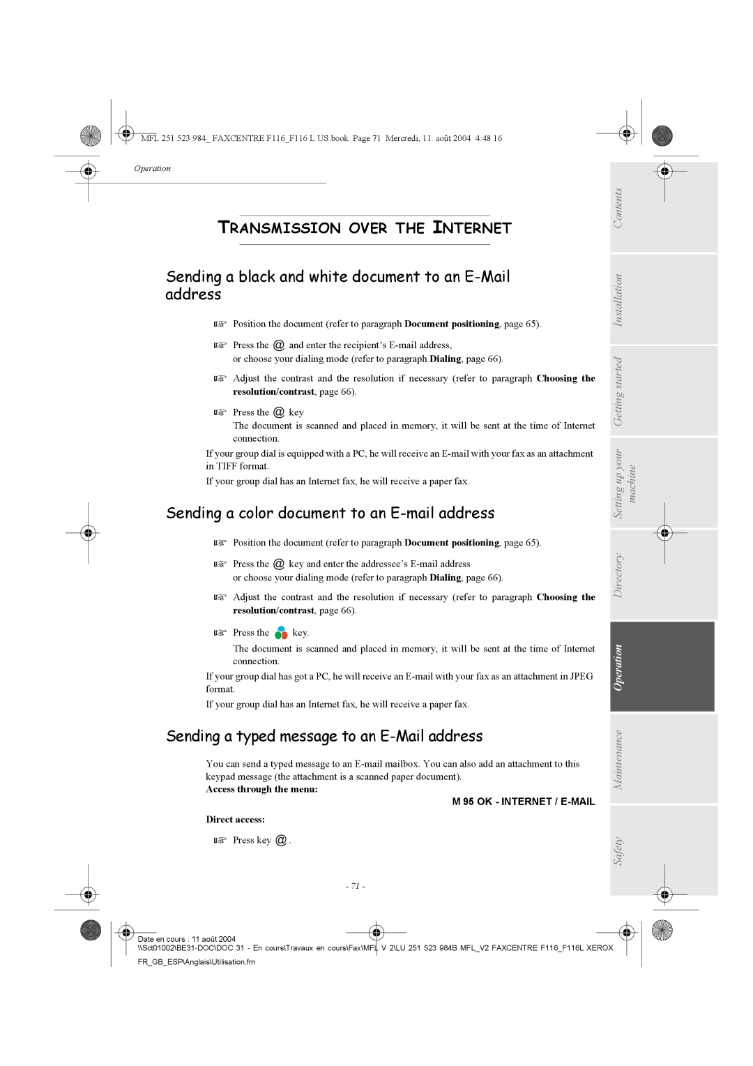 Xerox F116 Sending a black and white document to an E-Mail address, Sending a color document to an E-mail address 