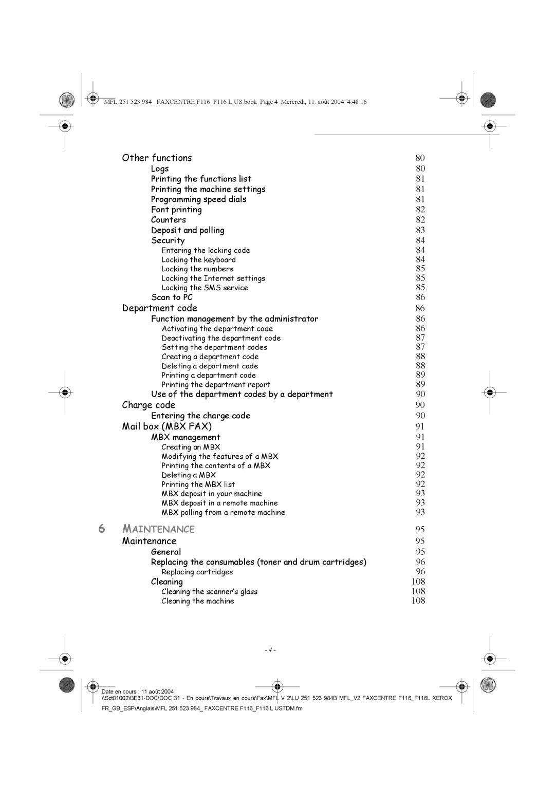 Xerox F116 user manual Other functions, Department code, Charge code, Mail box MBX FAX, Maintenance 