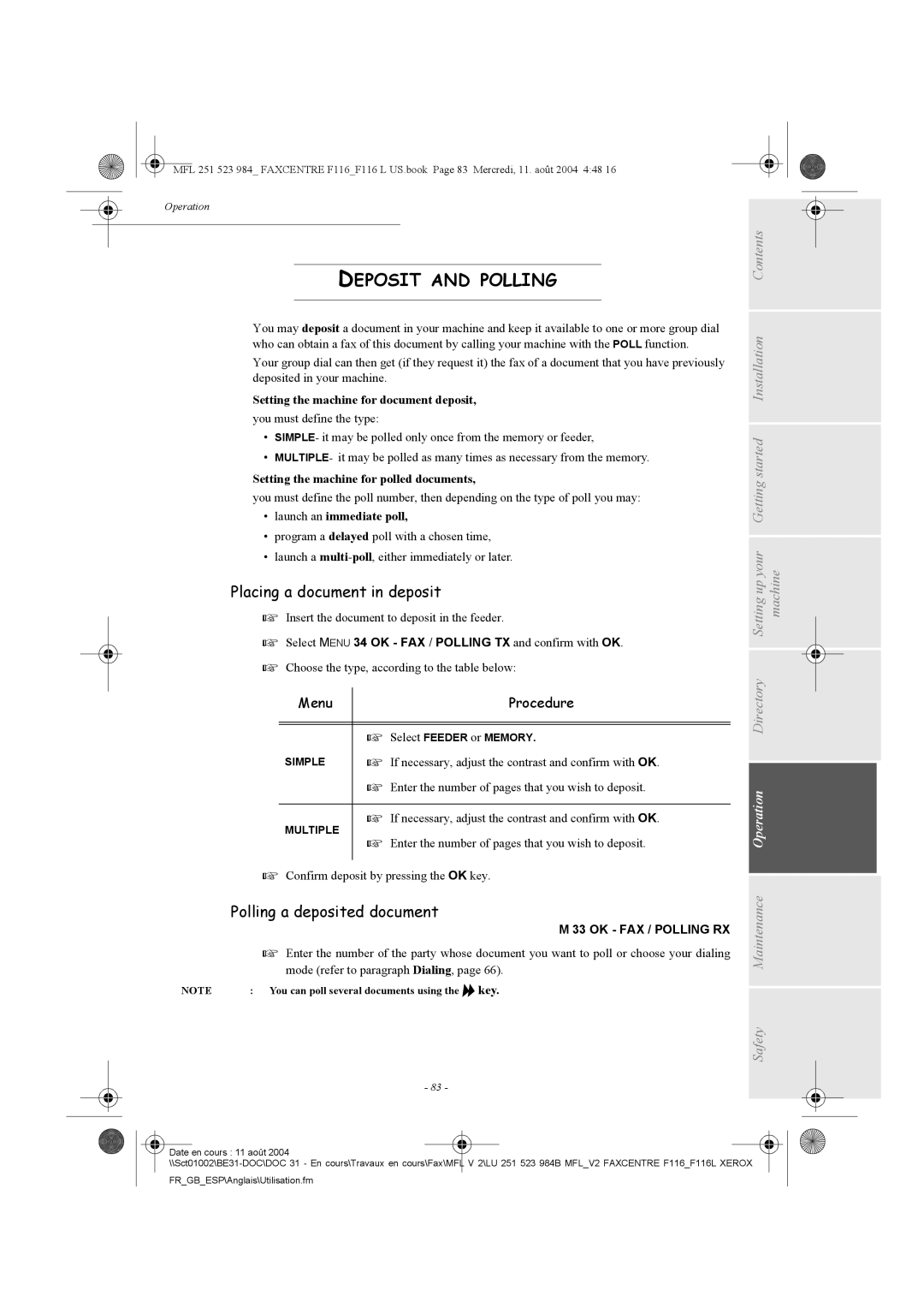 Xerox F116 user manual Deposit and Polling, Placing a document in deposit, Polling a deposited document, Menu Procedure 