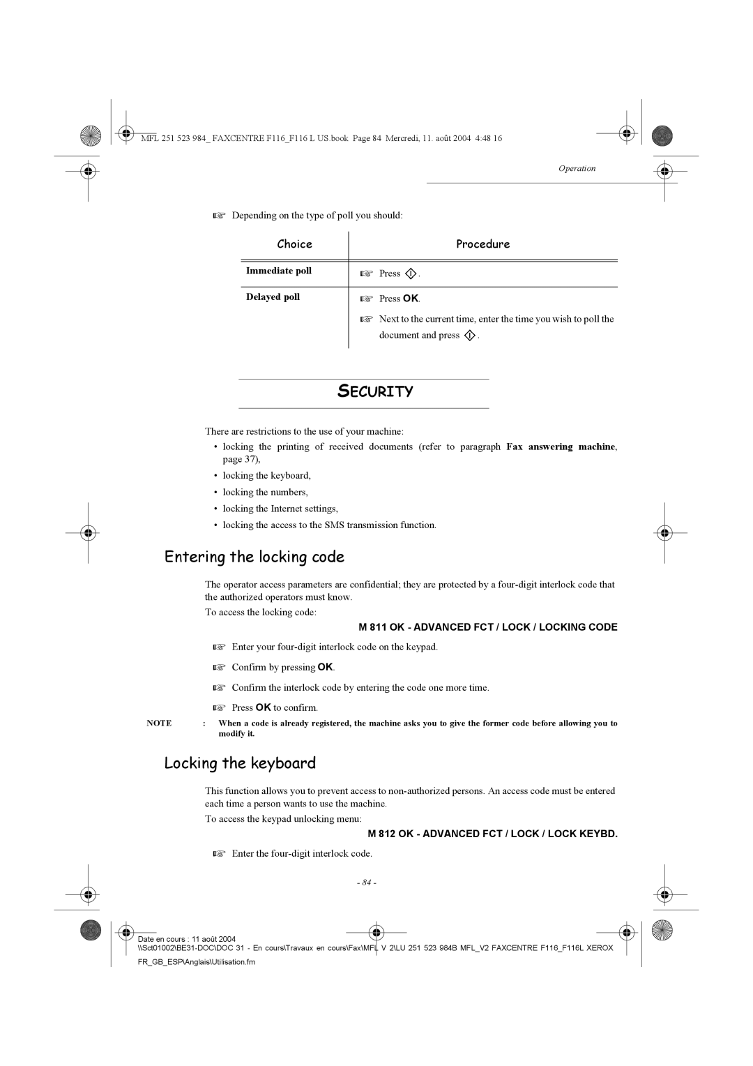 Xerox F116 user manual Entering the locking code, Locking the keyboard, Security, Choice Procedure 