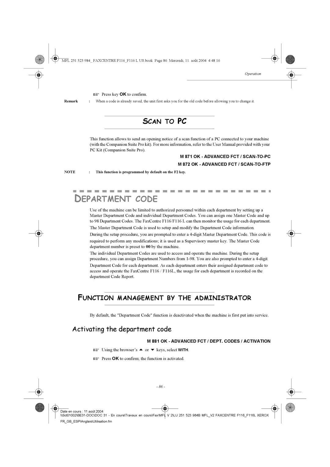 Xerox F116 Department Code, Activating the department code, Scan to PC, Function Management by the Administrator 