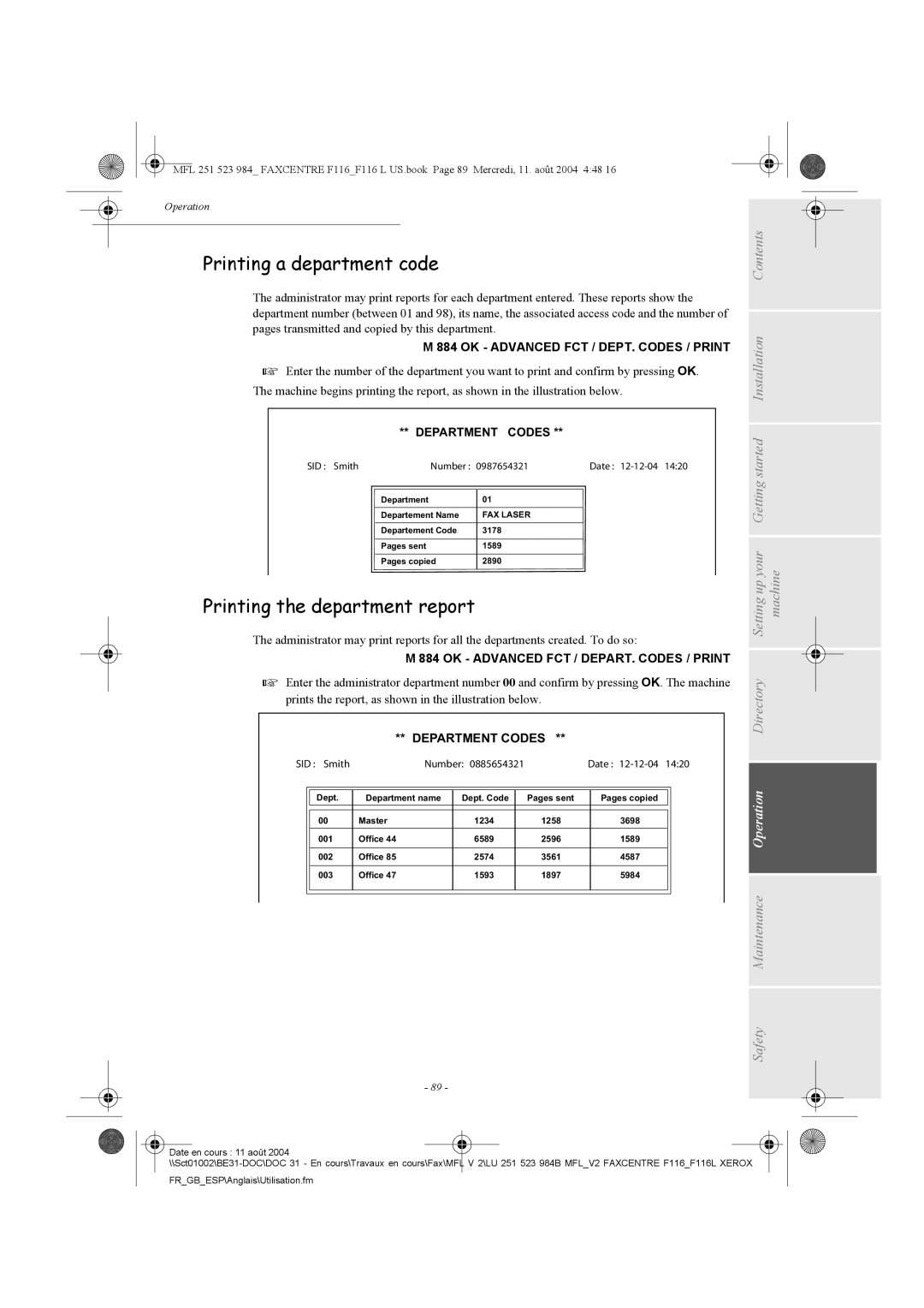 Xerox F116 user manual Printing a department code, Printing the department report, OK Advanced FCT / DEPT. Codes / Print 