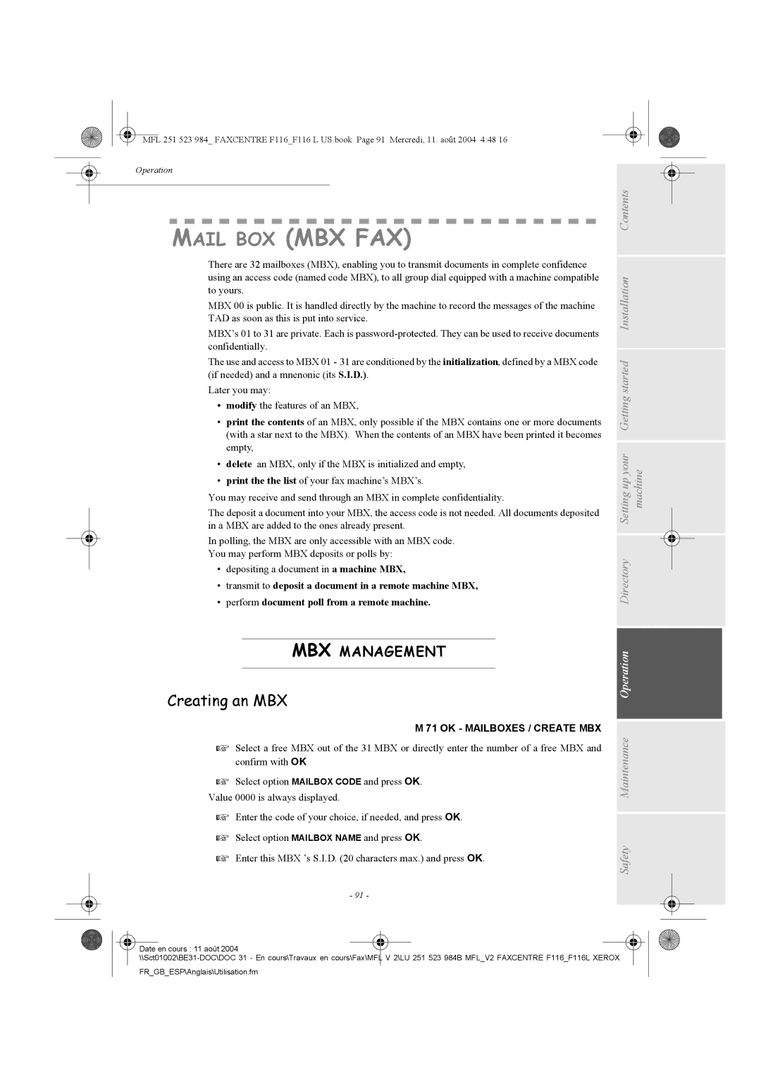 Xerox F116 user manual Creating an MBX, MBX Management, OK Mailboxes / Create MBX 